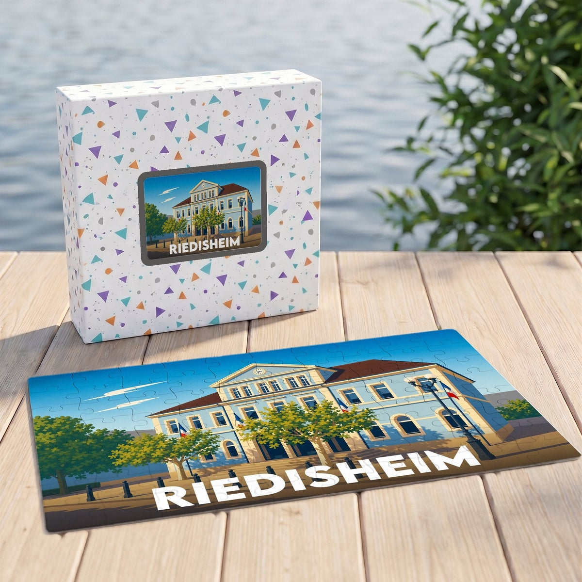 Puzzle souvenir de la ville de Riedisheim avec une illustration stylisée de son hôtel de ville.