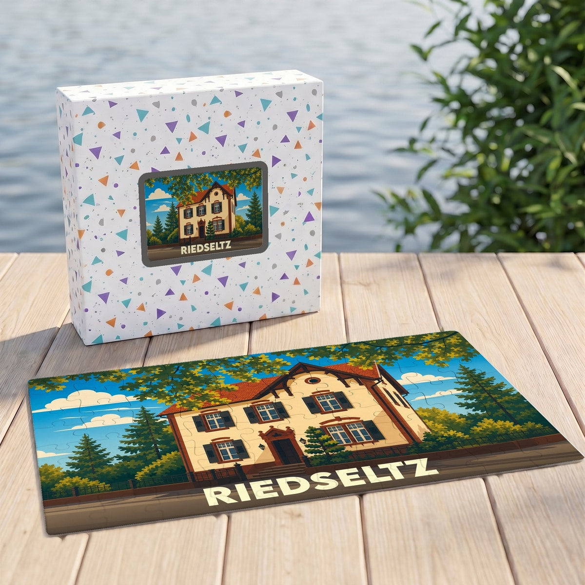 Puzzle souvenir de la ville de Riedseltz avec une illustration stylisée d'une maison traditionnelle alsacienne.