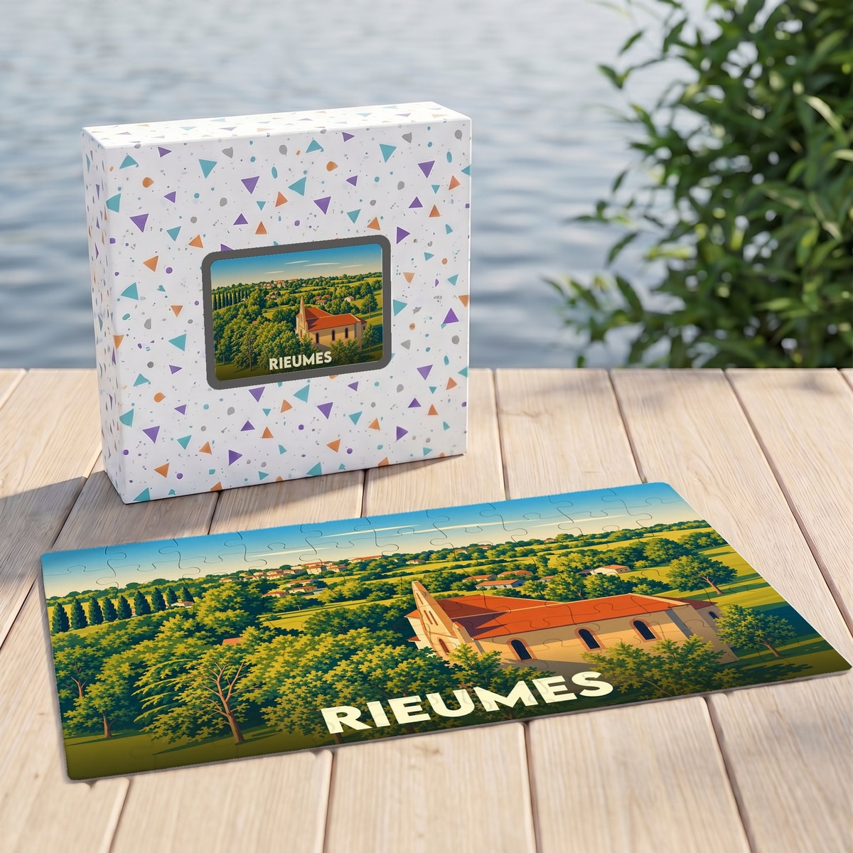 Puzzle souvenir de la ville de Rieumes avec une illustration de paysage champêtre.