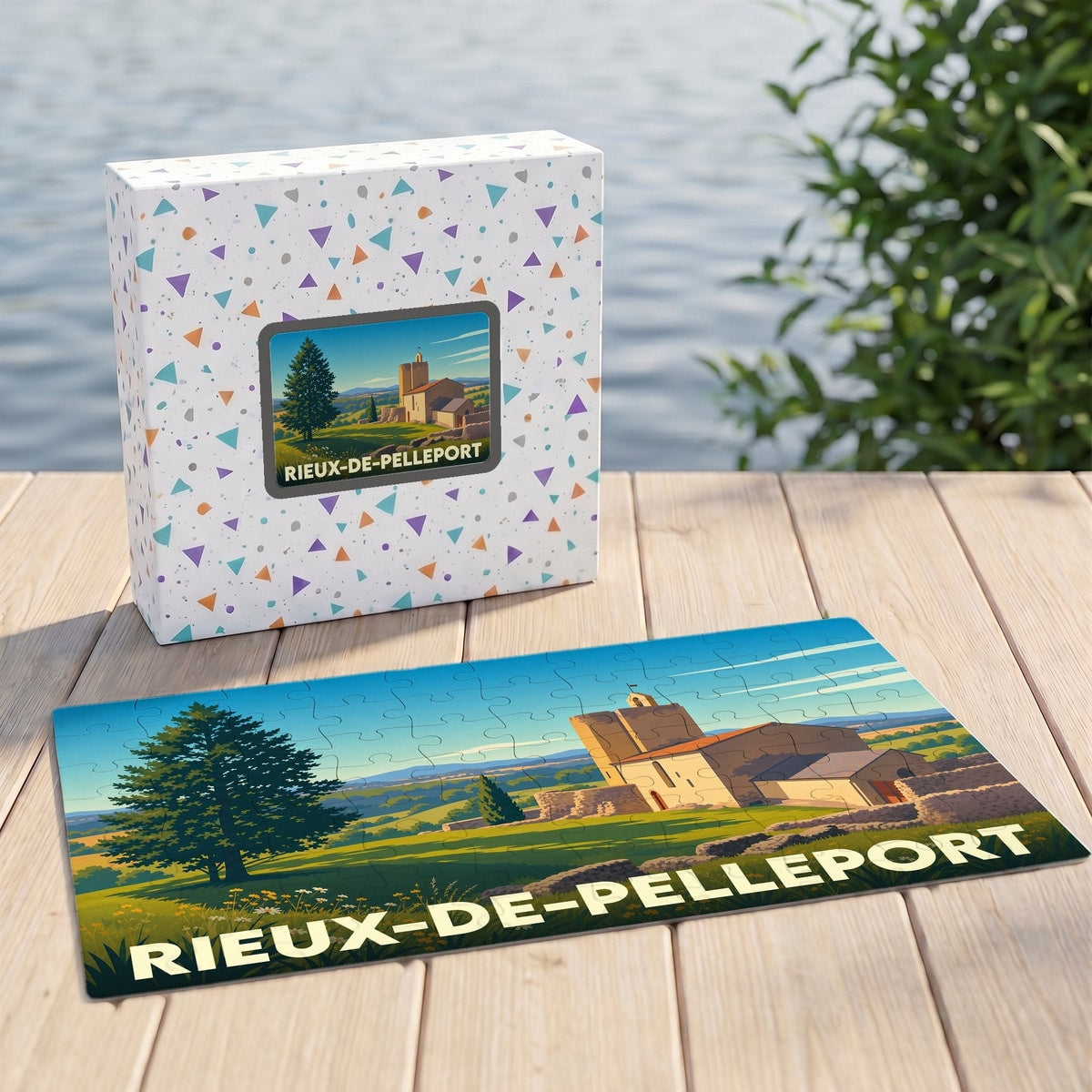 Puzzle souvenir de la ville de Rieux-de-Pelleport avec une illustration paysagère stylisée.