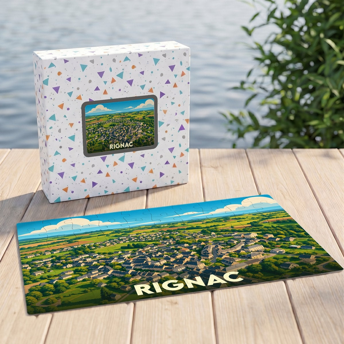 Puzzle souvenir de la ville de Rignac avec une illustration stylisée vue du ciel.