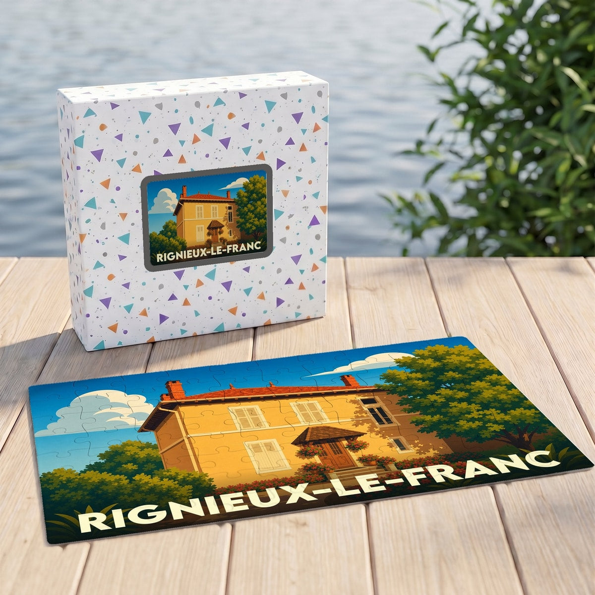 Puzzle souvenir de la ville de Rignieux-le-Franc avec une illustration stylisée d'une maison traditionnelle.