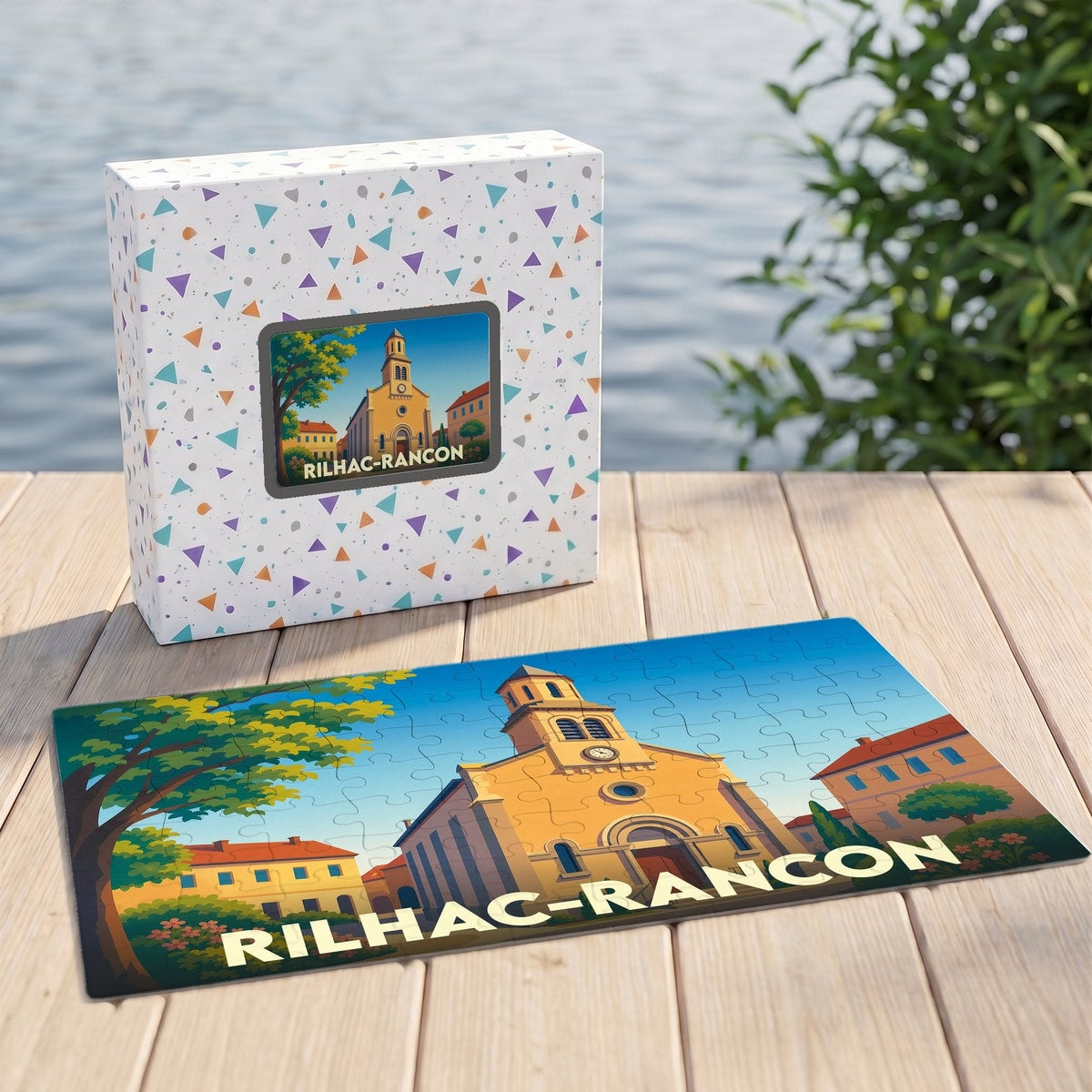 Puzzle souvenir de la ville de Rilhac-Rancon avec une illustration stylisée de son église.