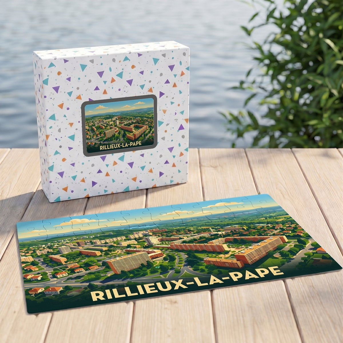 Puzzle souvenir de la ville de Rillieux-la-Pape avec une illustration stylisée vue du ciel.