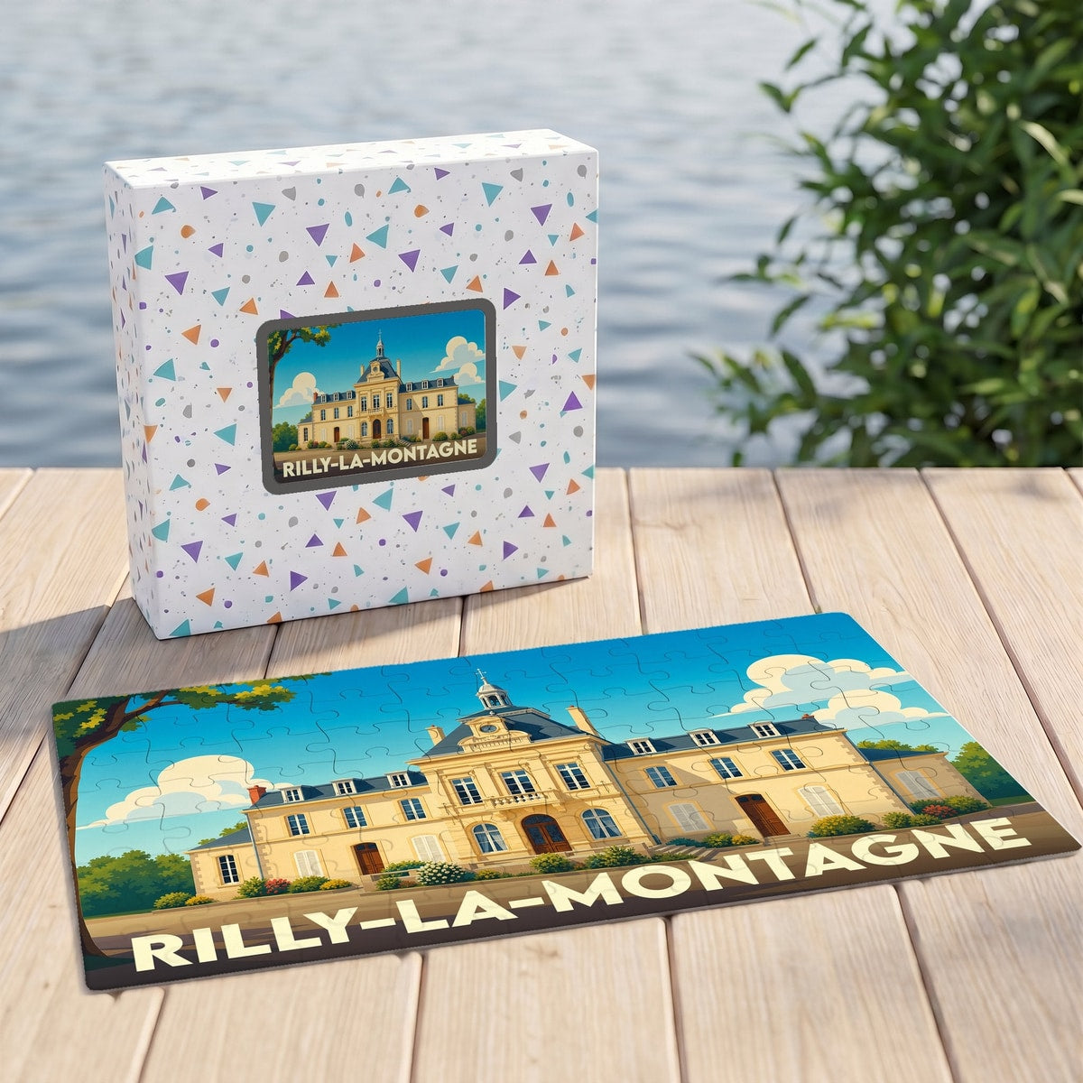 Puzzle souvenir de la ville de Rilly-la-Montagne avec une illustration stylisée de son hôtel de ville.