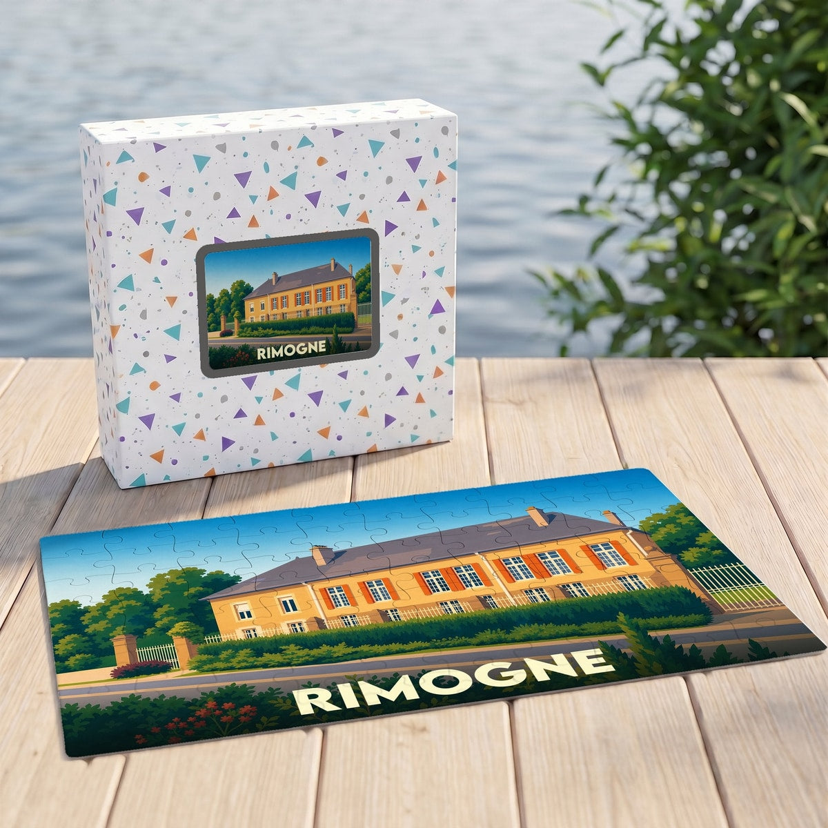 Puzzle souvenir de la ville de Rimogne avec une illustration stylisée d'un bâtiment historique.