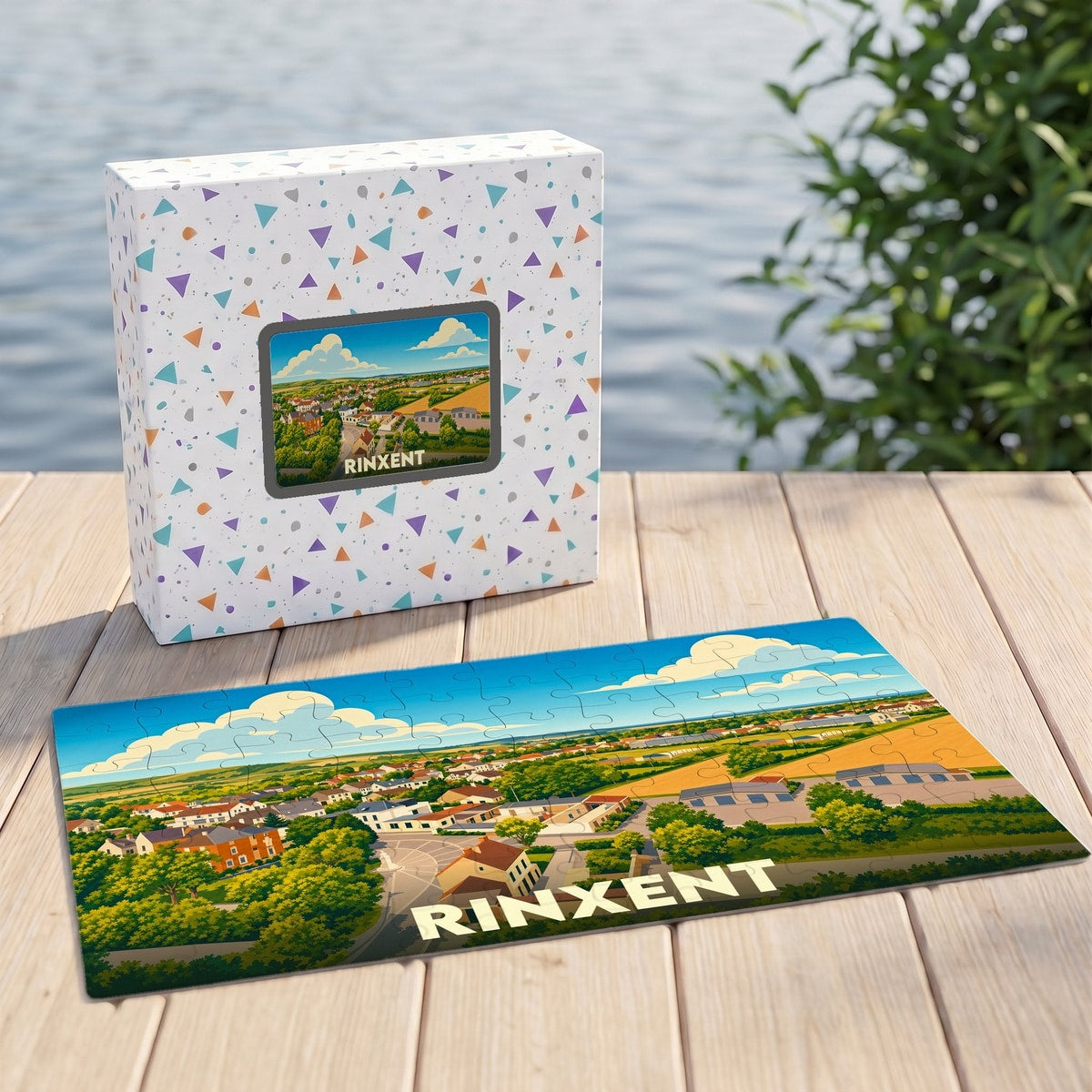 Puzzle souvenir de la ville de Rinxent avec une illustration panoramique stylisée.