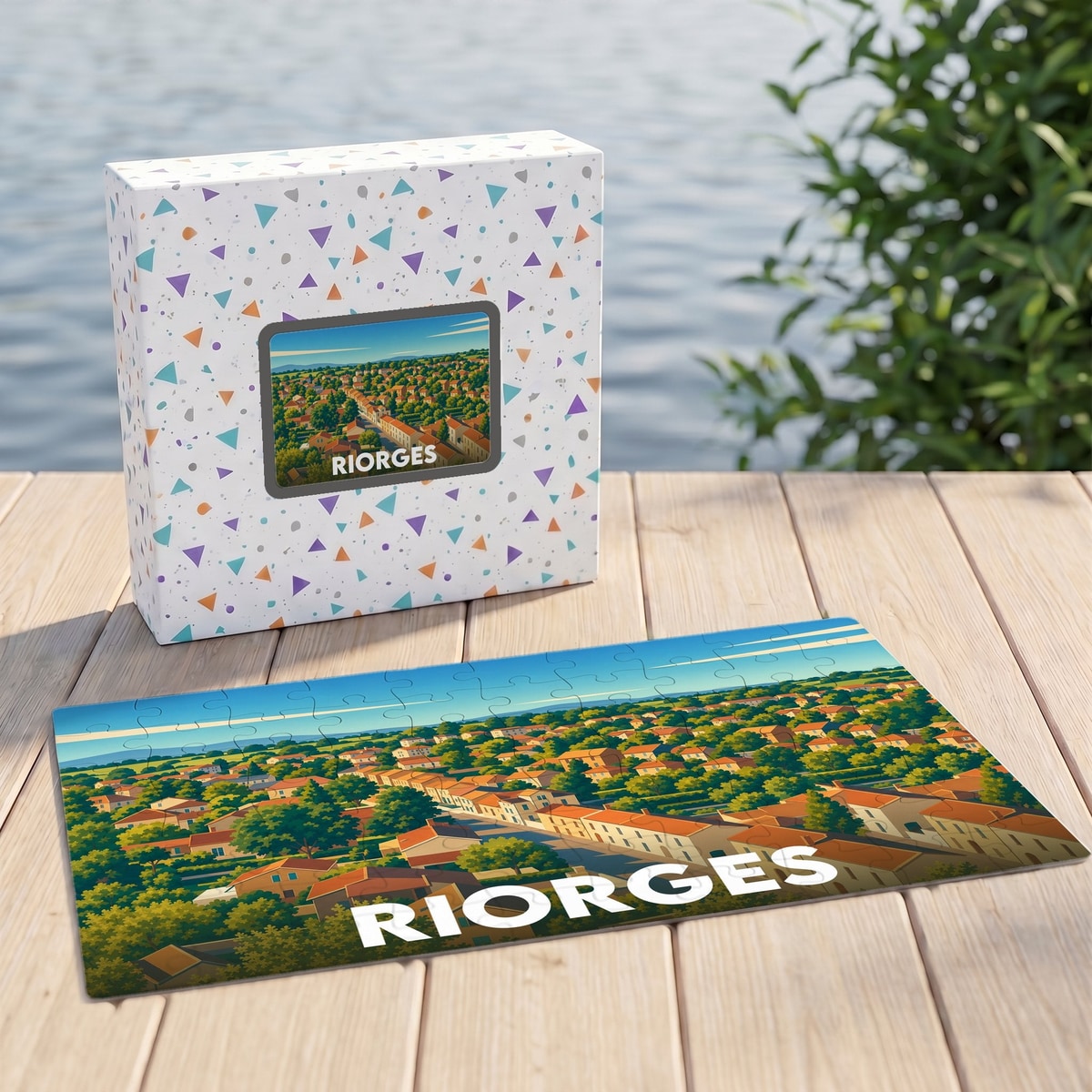 Puzzle souvenir de la ville de Riorges avec une illustration panoramique stylisée.