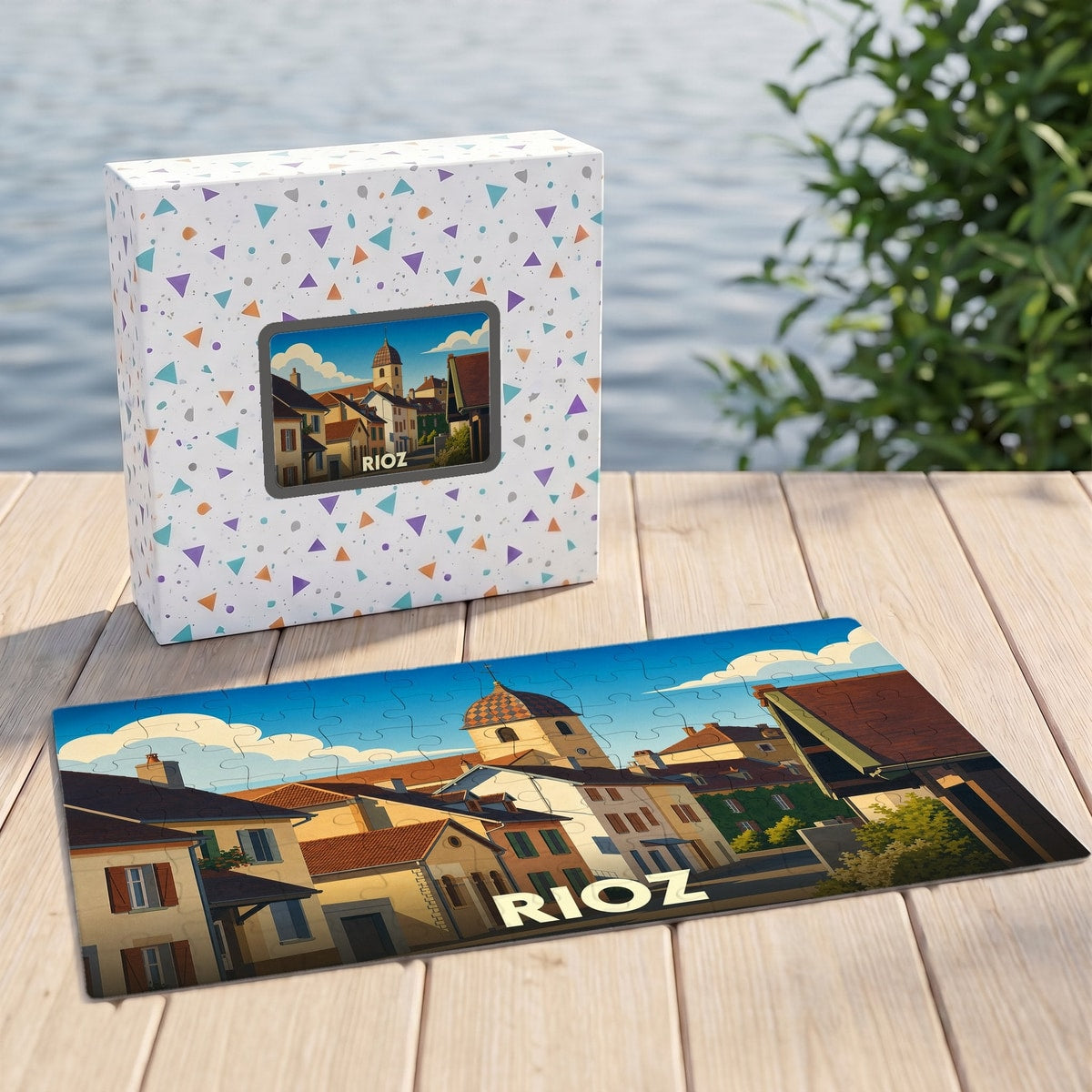 Puzzle souvenir de la ville de Rioz avec une illustration stylisée.
