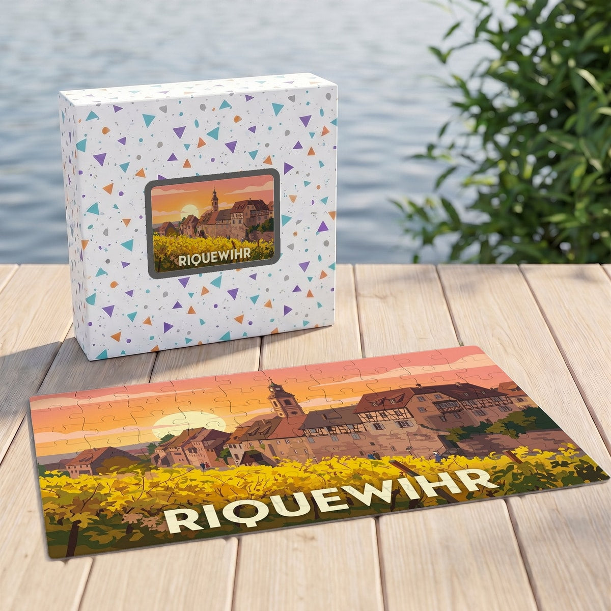 Puzzle souvenir de la ville de Riquewihr avec une illustration stylisée d'un paysage alsacien au soleil couchant.