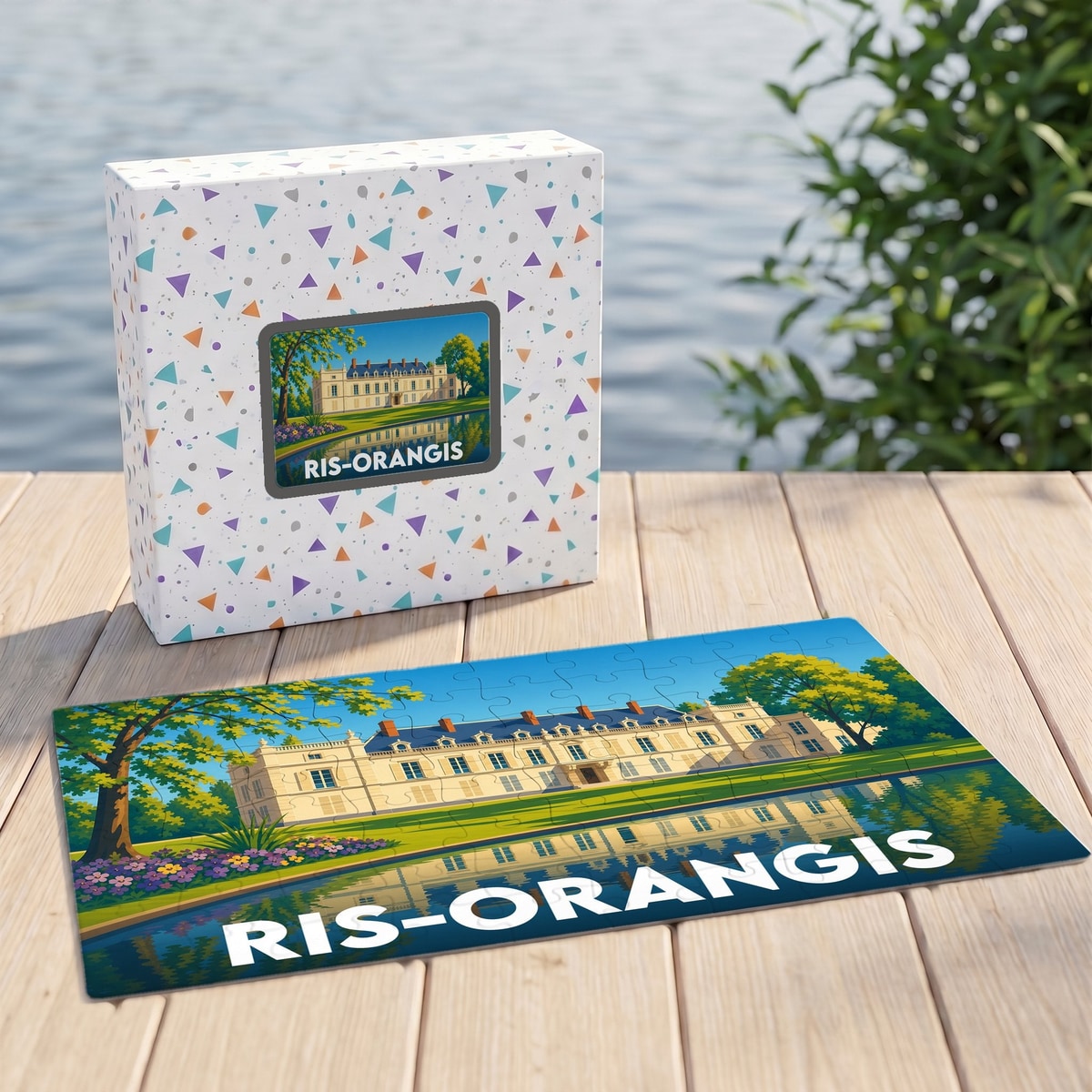 Puzzle souvenir de la ville de Ris-Orangis avec une illustration stylisée d'un château au bord de l'eau.