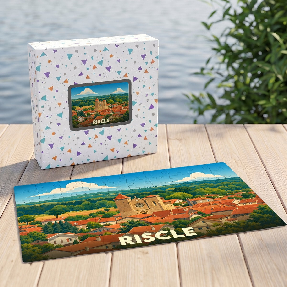 Puzzle souvenir de la ville de Riscle avec une illustration colorée et stylisée.