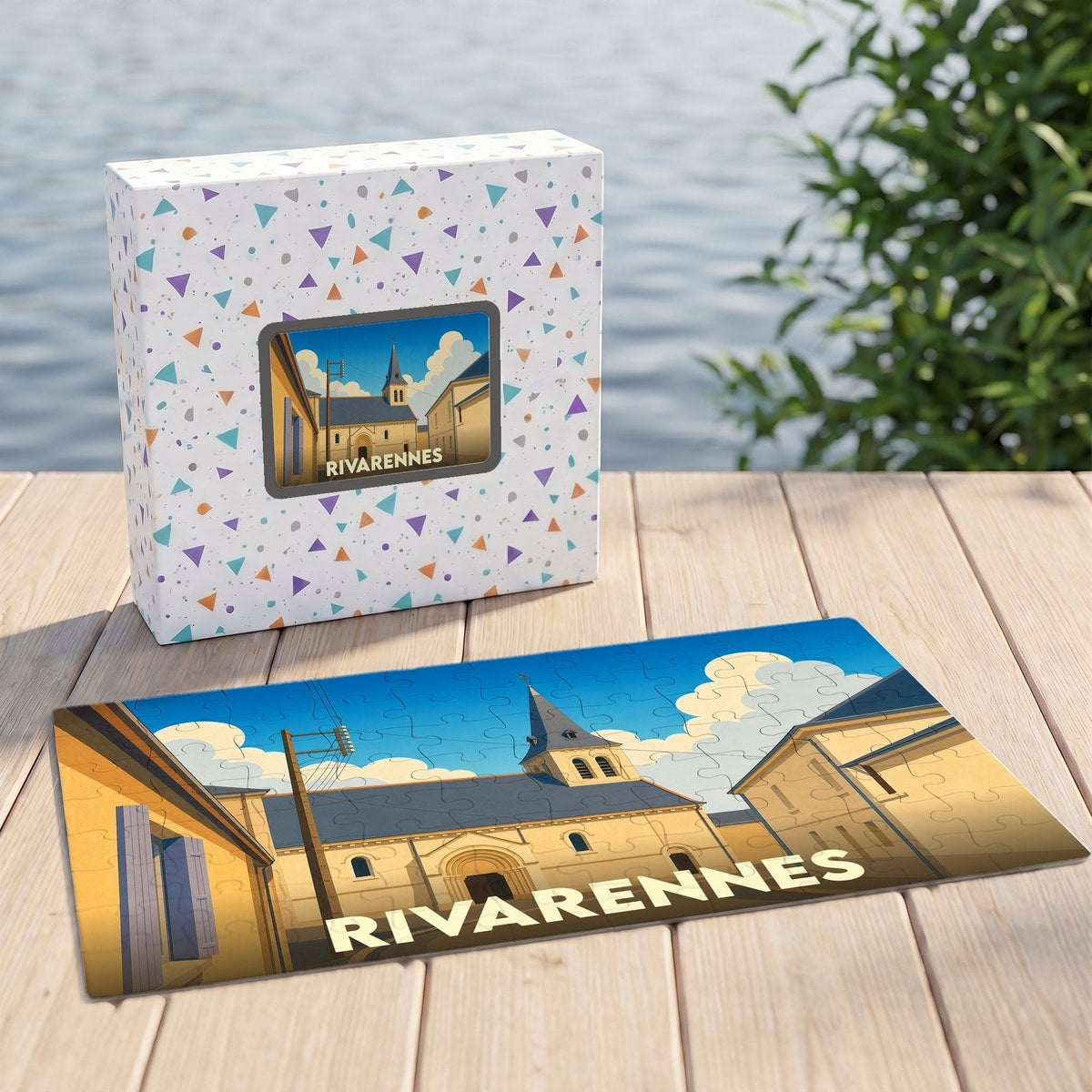 Puzzle souvenir de la ville de Rivarennes avec une illustration stylisée.