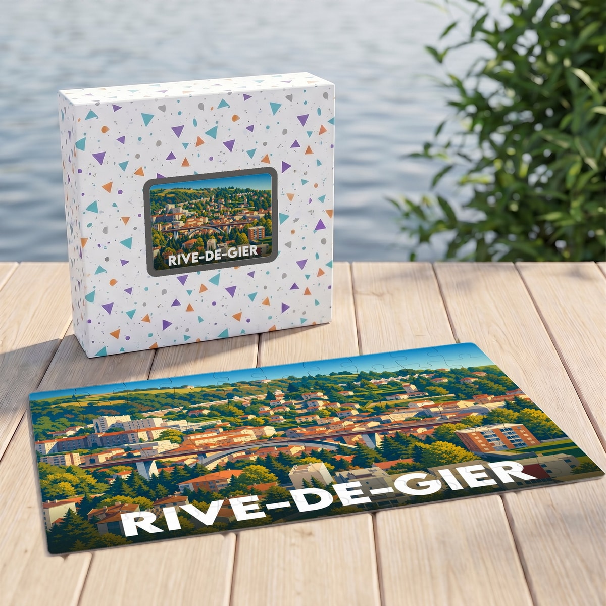 Puzzle souvenir de la ville de Rive-de-Gier présentant une illustration panoramique colorée et stylisée.