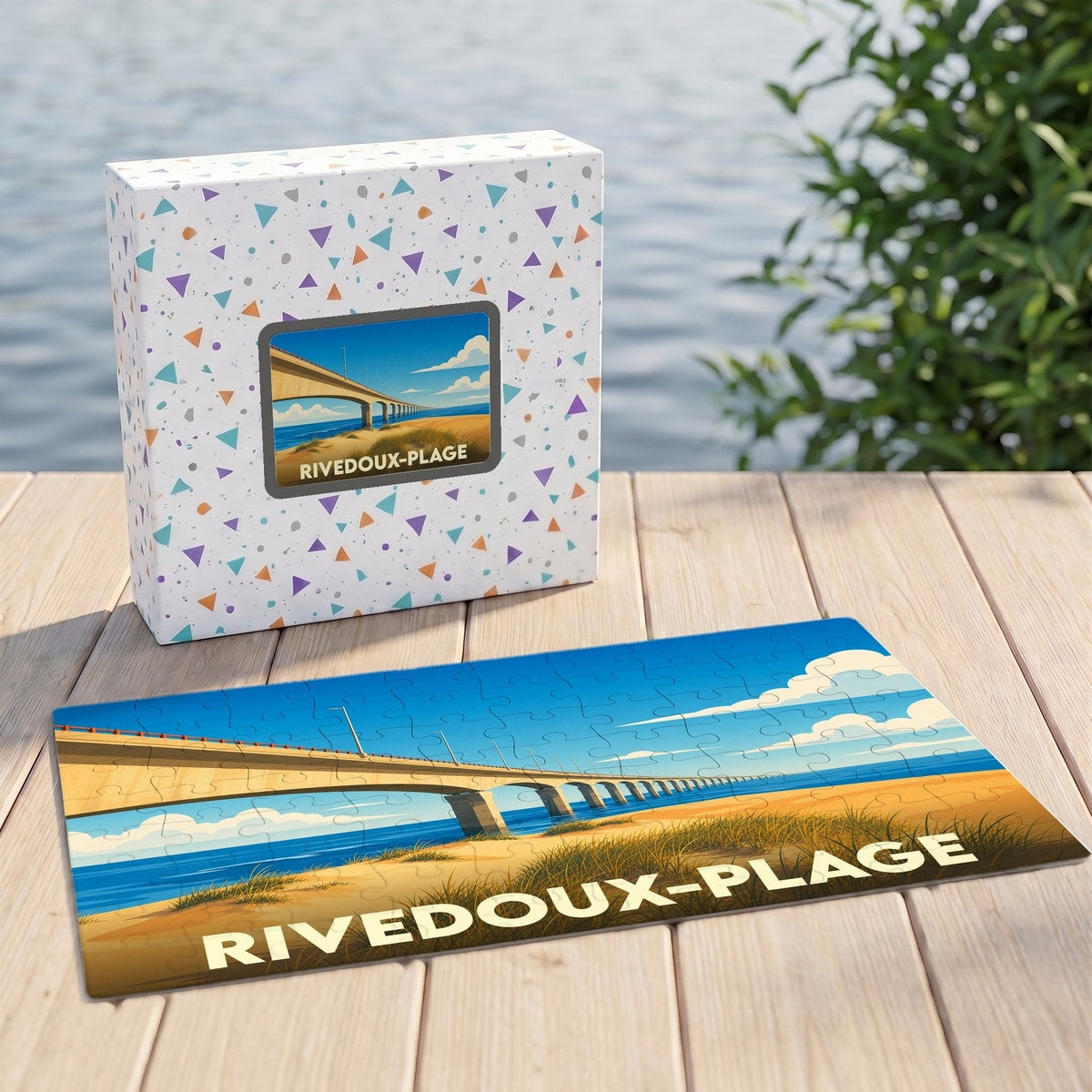 Puzzle souvenir de la ville de Rivedoux-Plage avec une illustration stylisée du pont de l'île de Ré.