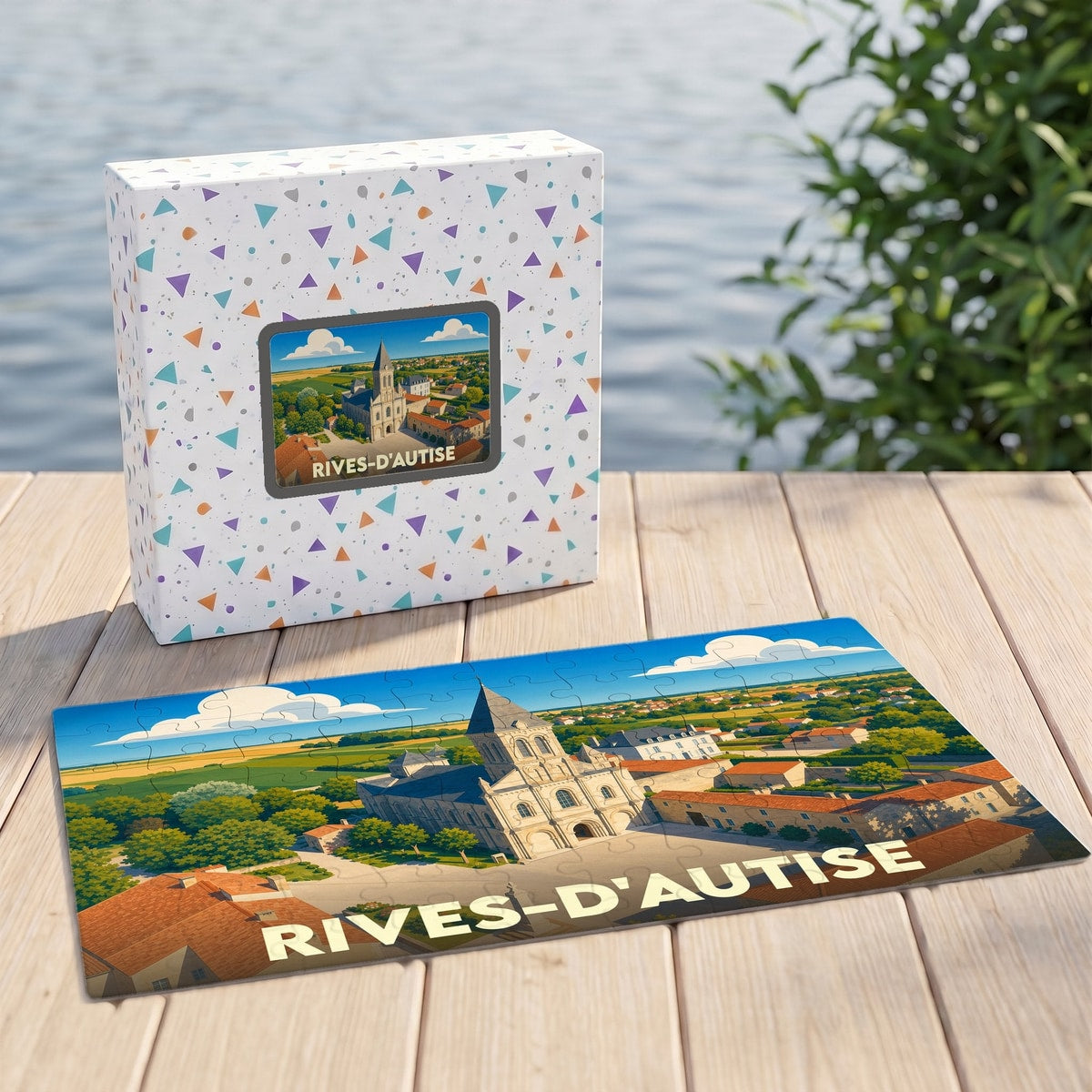 Puzzle souvenir de la commune de Rives-d'Autise illustré par une vue aérienne stylisée du village.