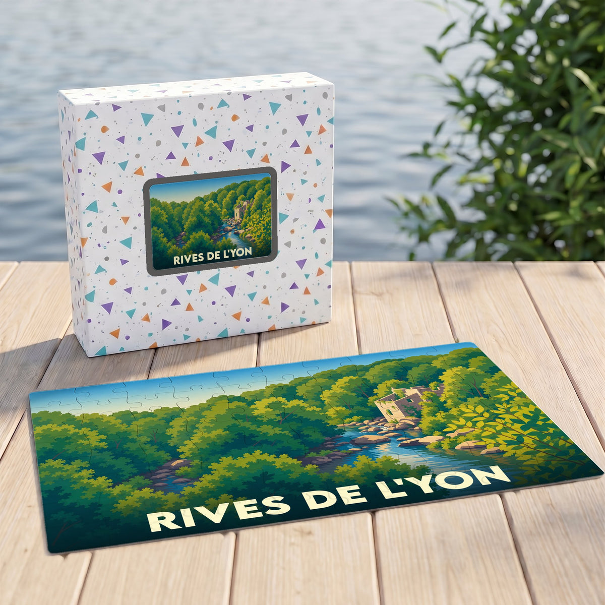 Puzzle souvenir de la ville de Rives de l'Yon avec une illustration stylisée de sa vallée verdoyante.