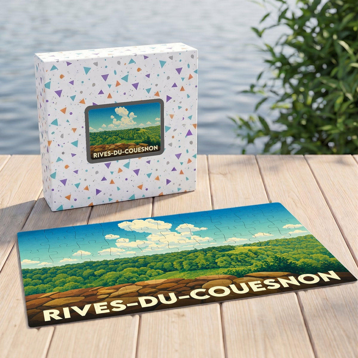 Puzzle souvenir de la ville de Rives-du-Couesnon avec une illustration de paysage verdoyant.