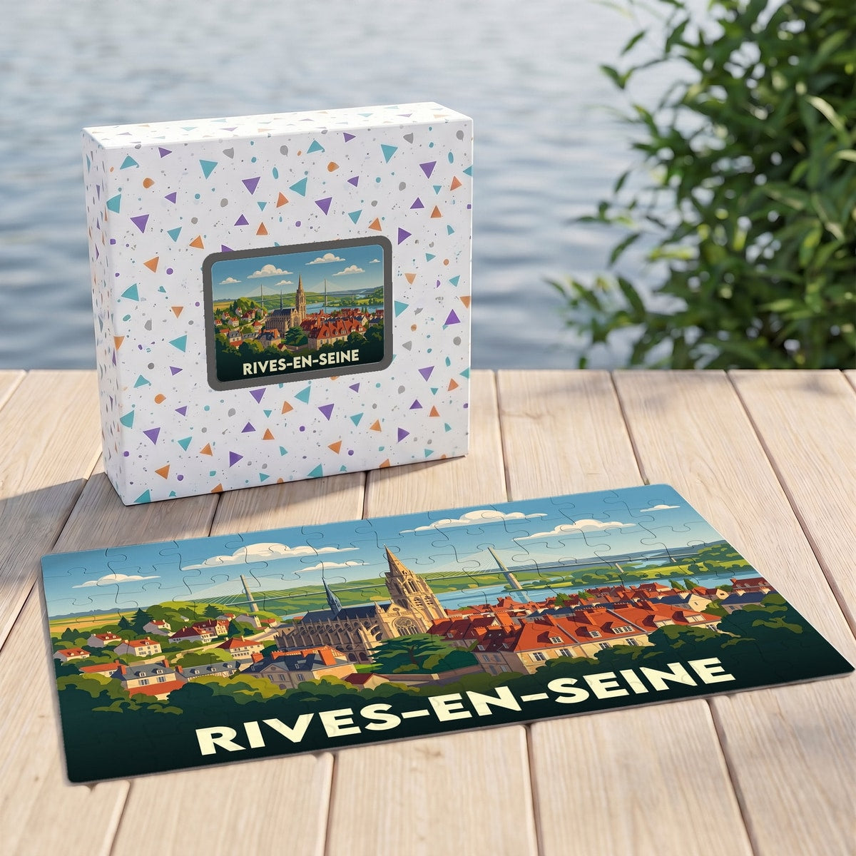 Puzzle souvenir de la ville de Rives-en-Seine avec une illustration stylisée et colorée.