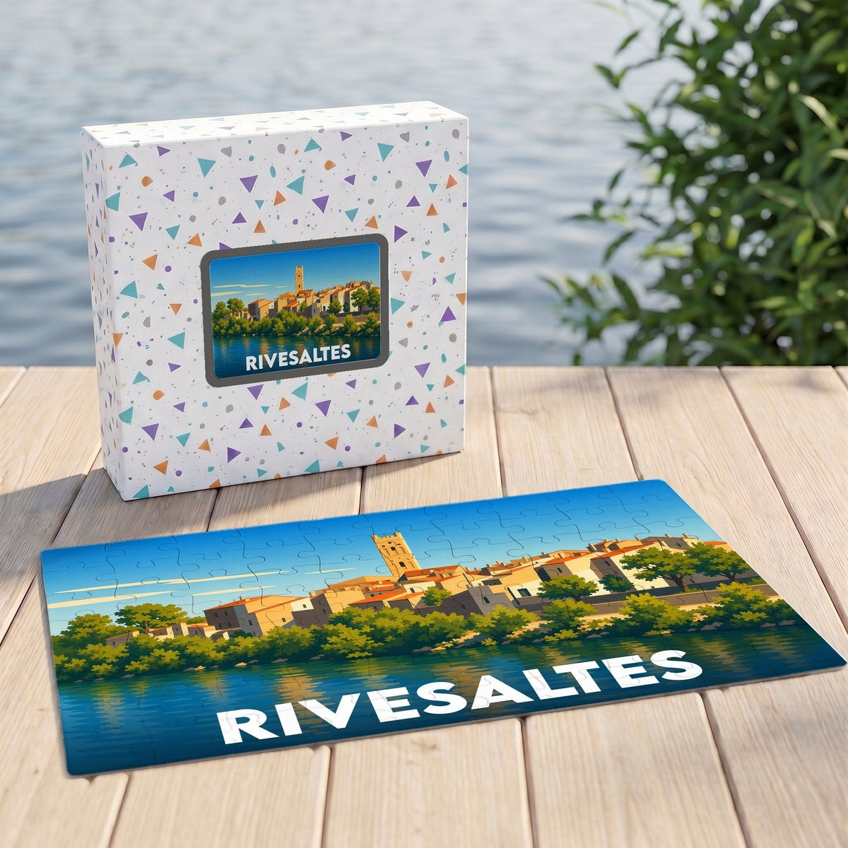 Puzzle souvenir de la ville de Rivesaltes avec une illustration stylisée et colorée de ses quais.