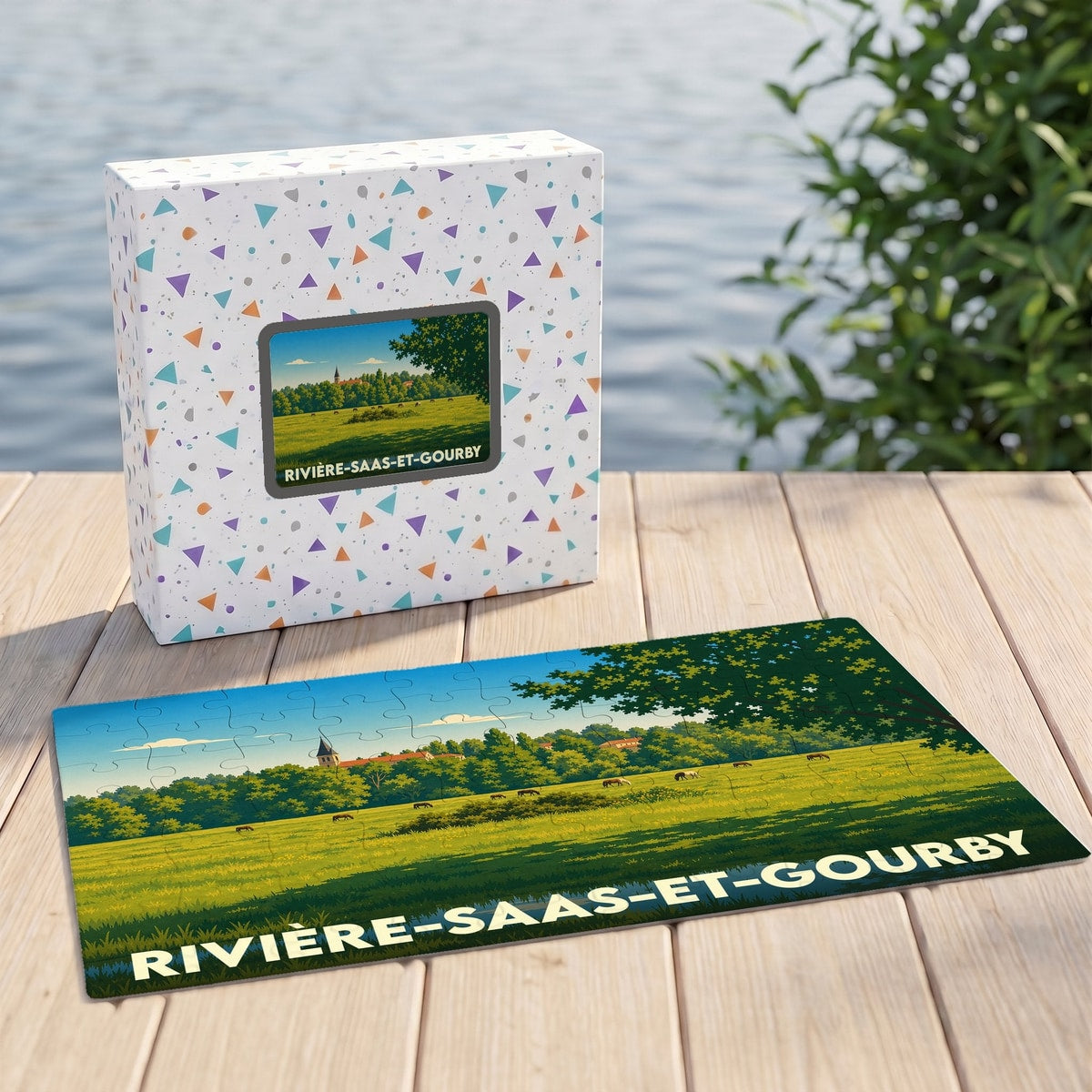 Puzzle souvenir de la ville de Rivière-Saas-et-Gourby avec une illustration champêtre stylisée.