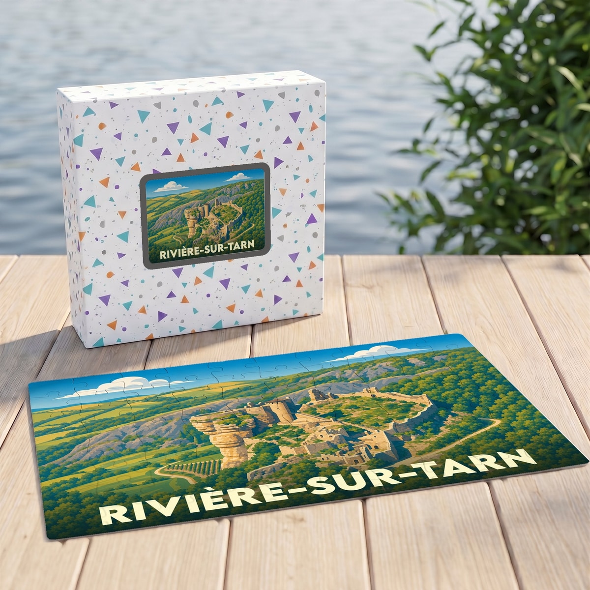 Puzzle souvenir de la ville de Rivière-sur-Tarn avec une illustration stylisée d'un château médiéval.