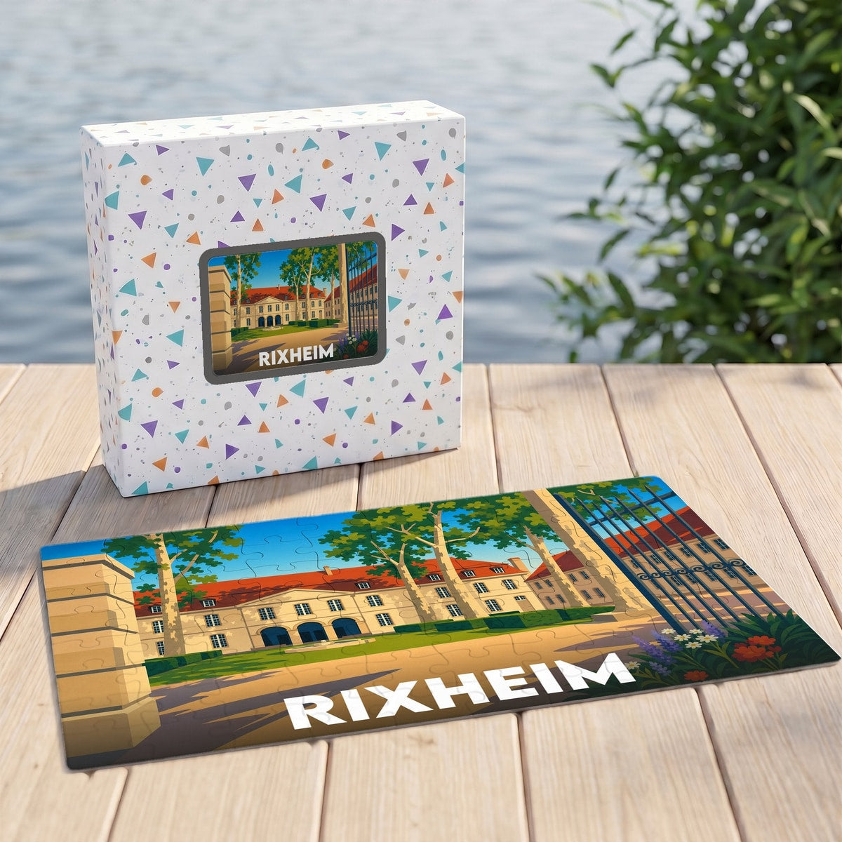 Puzzle souvenir de la ville de Rixheim avec une illustration stylisée de son patrimoine.