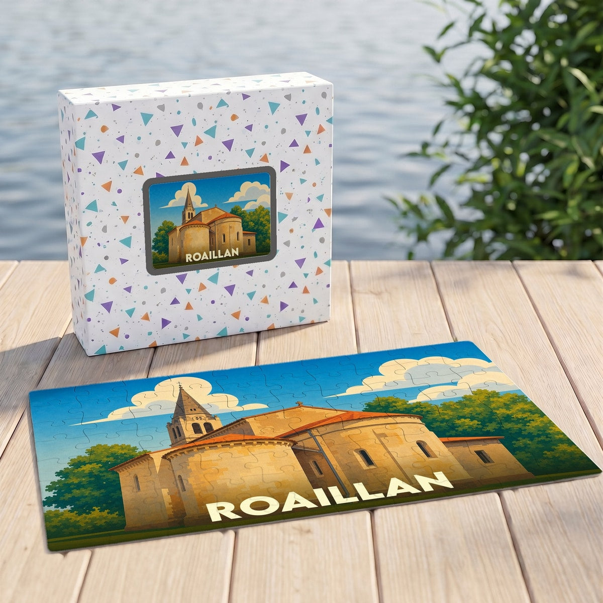 Puzzle souvenir de la ville de Roaillan représentant son église dans un style illustré, posé à côté de sa boîte sur un ponton en bois.
