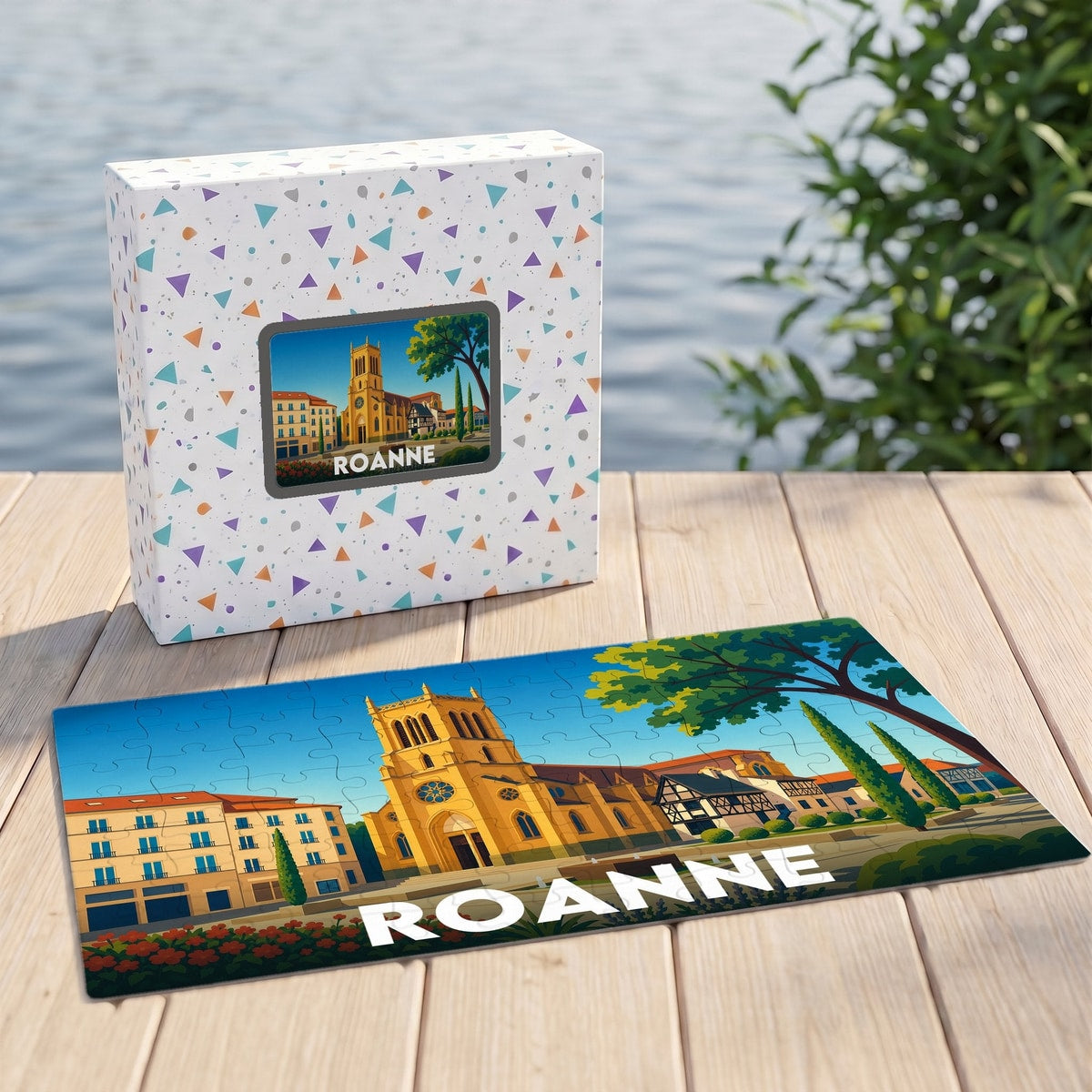 Puzzle souvenir de la ville de Roanne avec une illustration stylisée et colorée de son architecture.