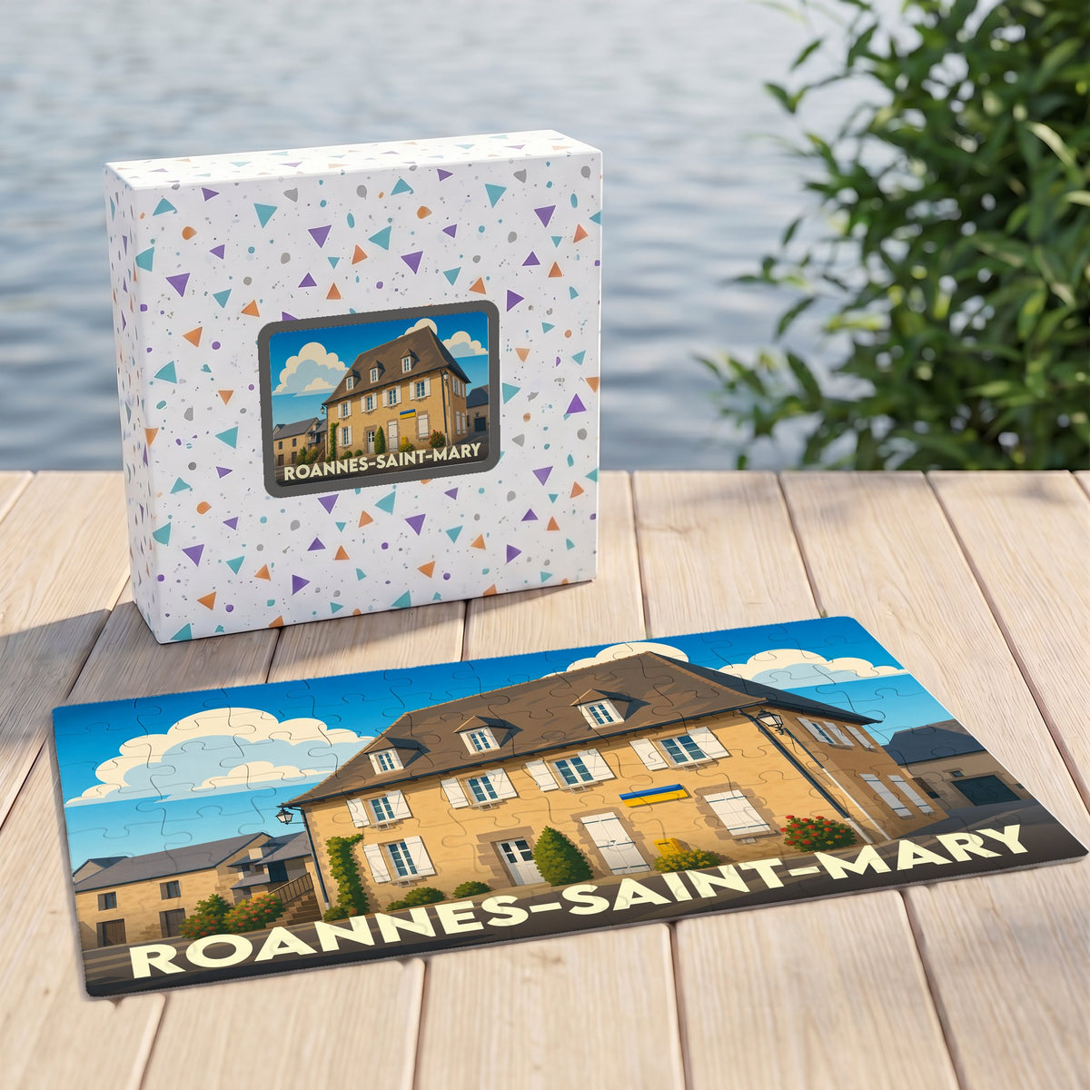 Puzzle souvenir de la ville de Roannes-Saint-Mary avec une illustration stylisée d'une bâtisse traditionnelle.
