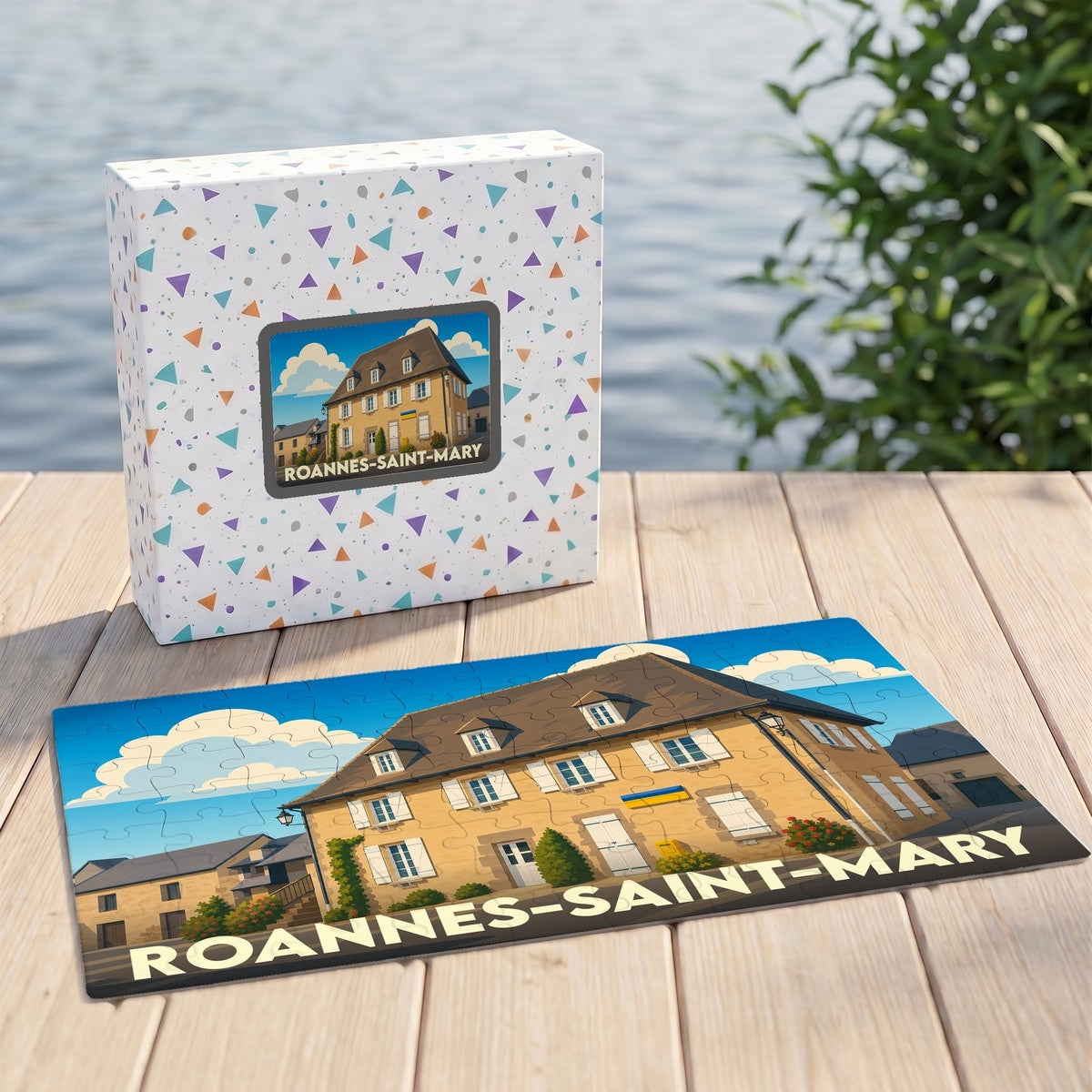 Puzzle souvenir de la ville de Roannes-Saint-Mary avec une illustration stylisée d'une bâtisse traditionnelle.