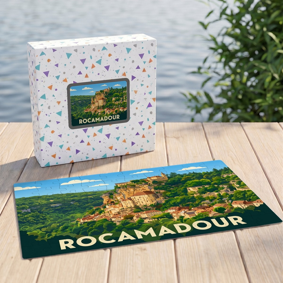 Puzzle souvenir de la ville de Rocamadour avec une illustration stylisée.