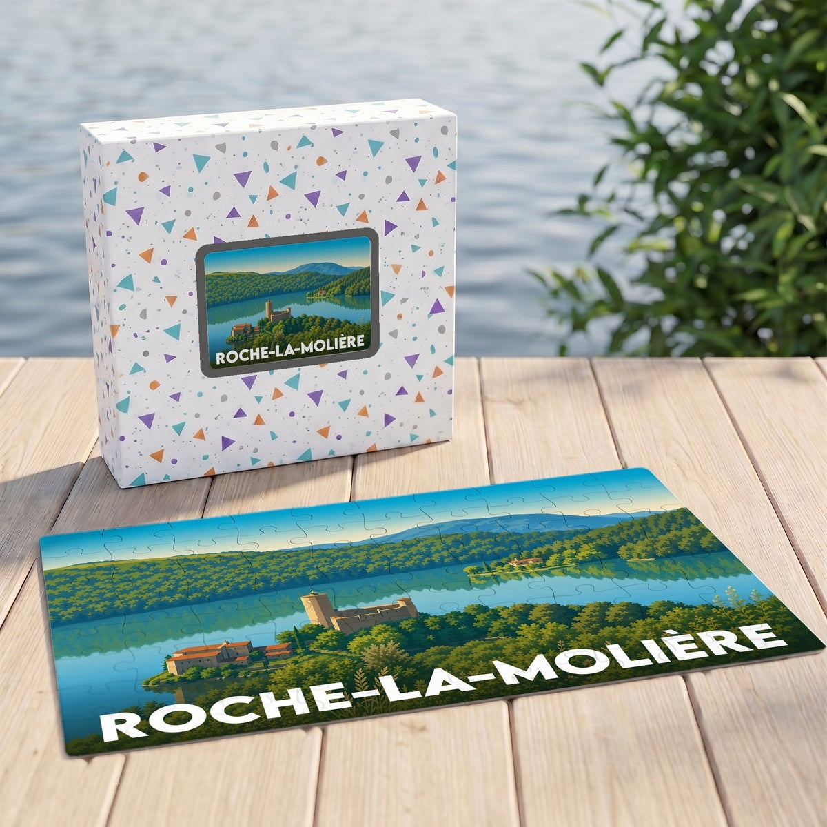 Puzzle souvenir de la ville de Roche-la-Molière représentant un paysage naturel illustré.