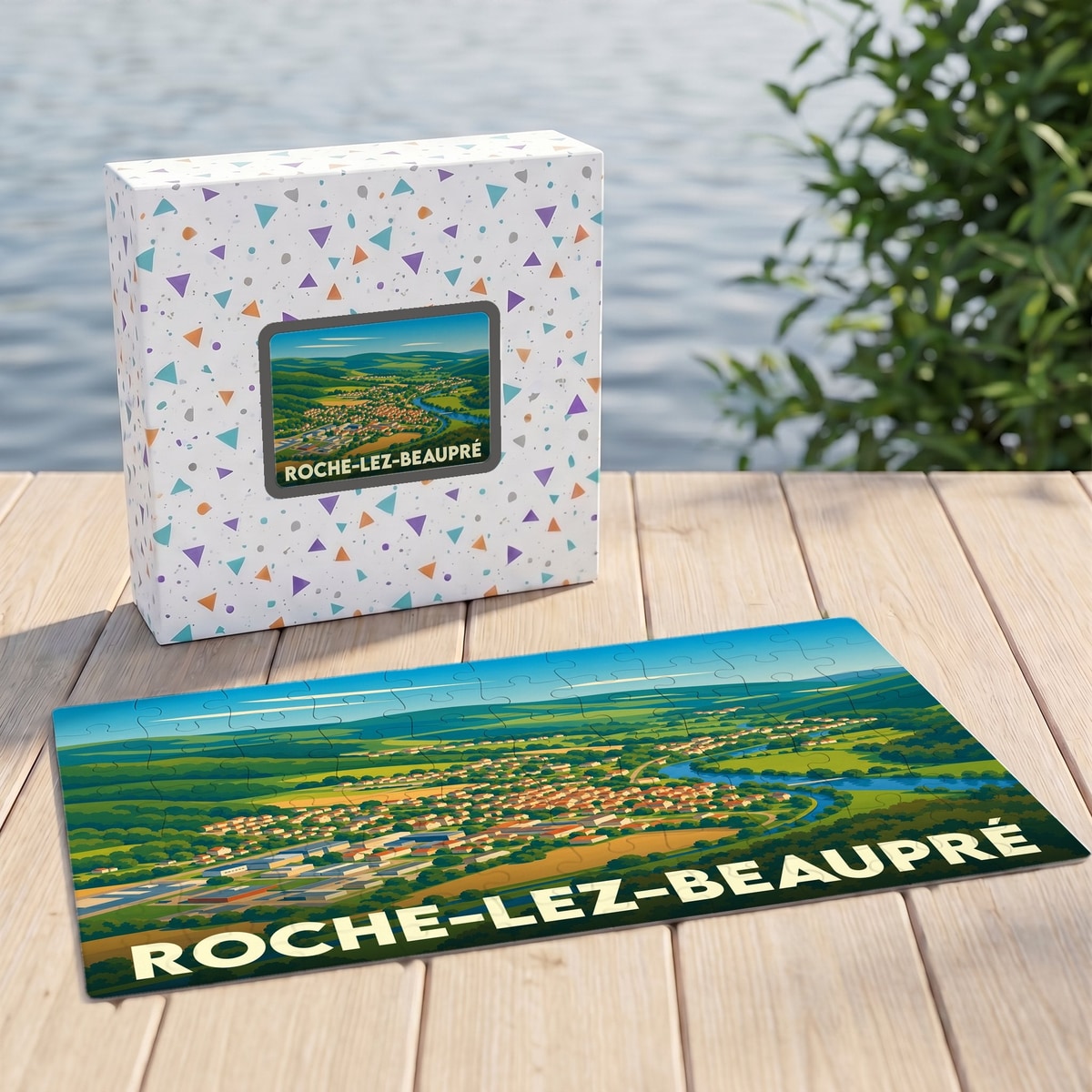Puzzle souvenir de la ville de Roche-lez-Beaupré avec une illustration paysagère stylisée.