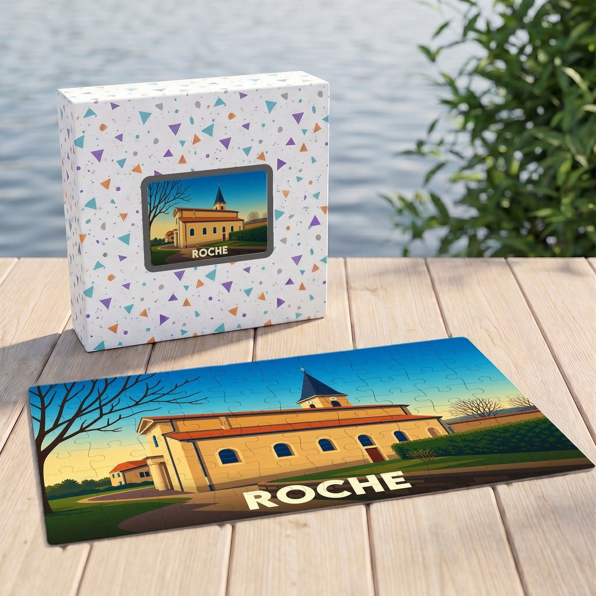 Puzzle souvenir de la ville de Roche avec une illustration stylisée de son église.