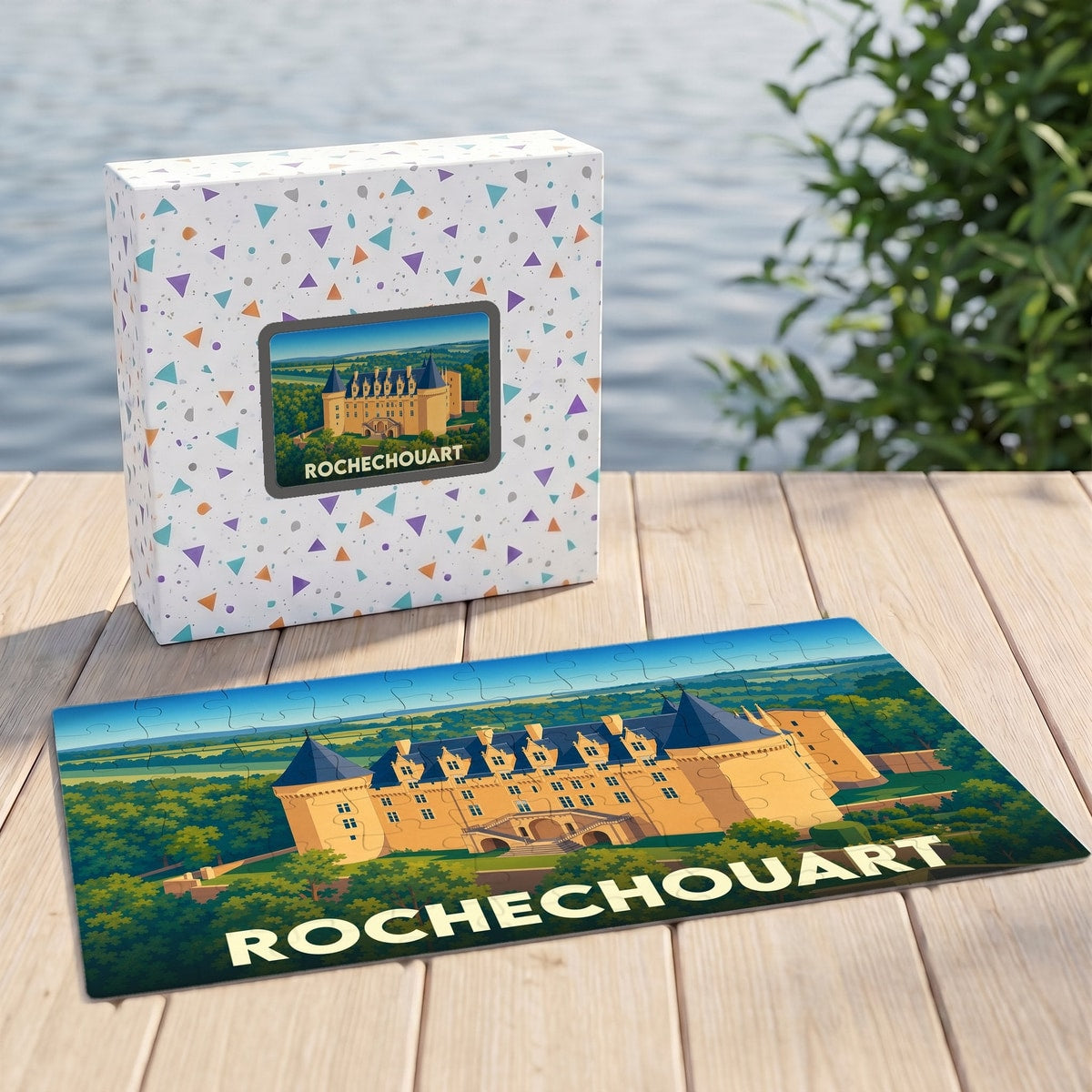 Puzzle souvenir de la ville de Rochechouart illustrant son château dans un style graphique épuré.