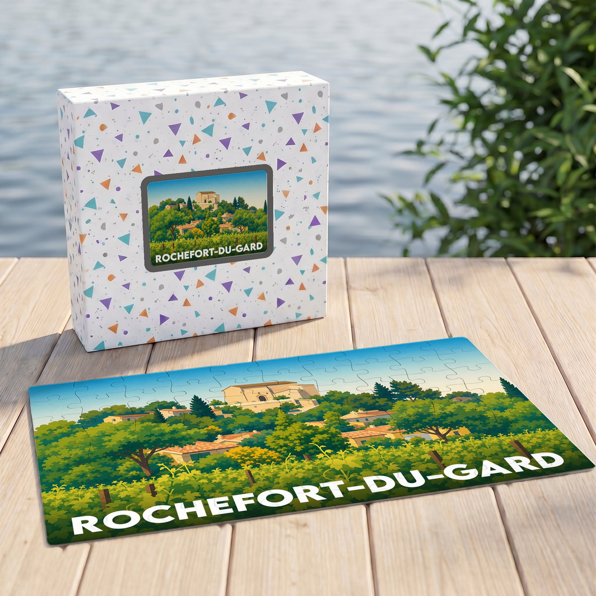 Puzzle souvenir de la ville de Rochefort-du-Gard avec une illustration stylisée de son paysage provençal.