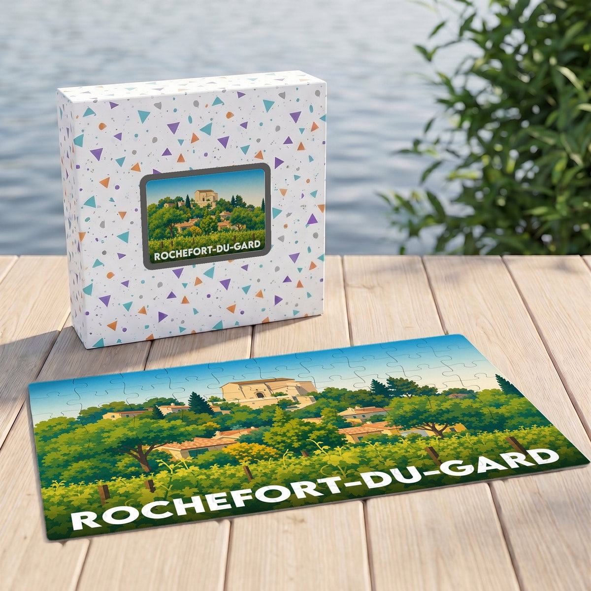 Puzzle souvenir de la ville de Rochefort-du-Gard avec une illustration stylisée de son paysage provençal.
