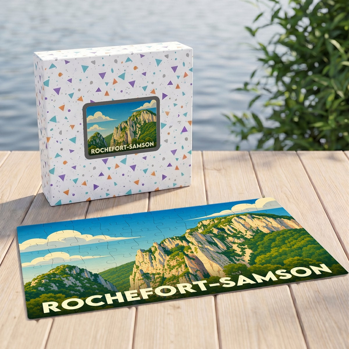 Puzzle souvenir de Rochefort-Samson présentant une illustration stylisée de ses falaises.