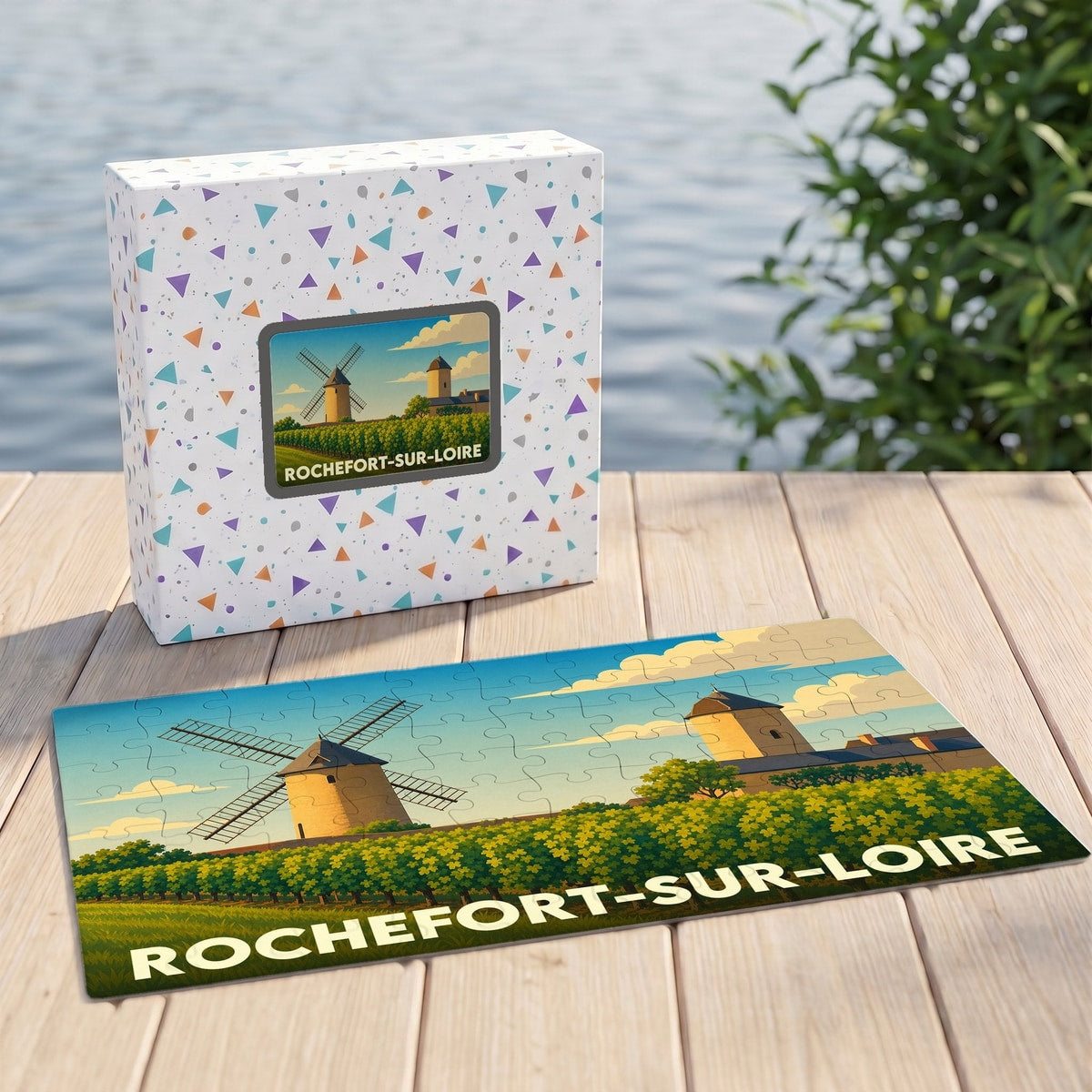 Puzzle souvenir de Rochefort-sur-Loire illustrant un moulin et un château entourés de vignes.