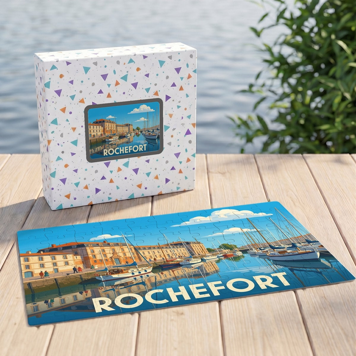 Puzzle souvenir de la ville de Rochefort avec une illustration stylisée d'un port de plaisance.