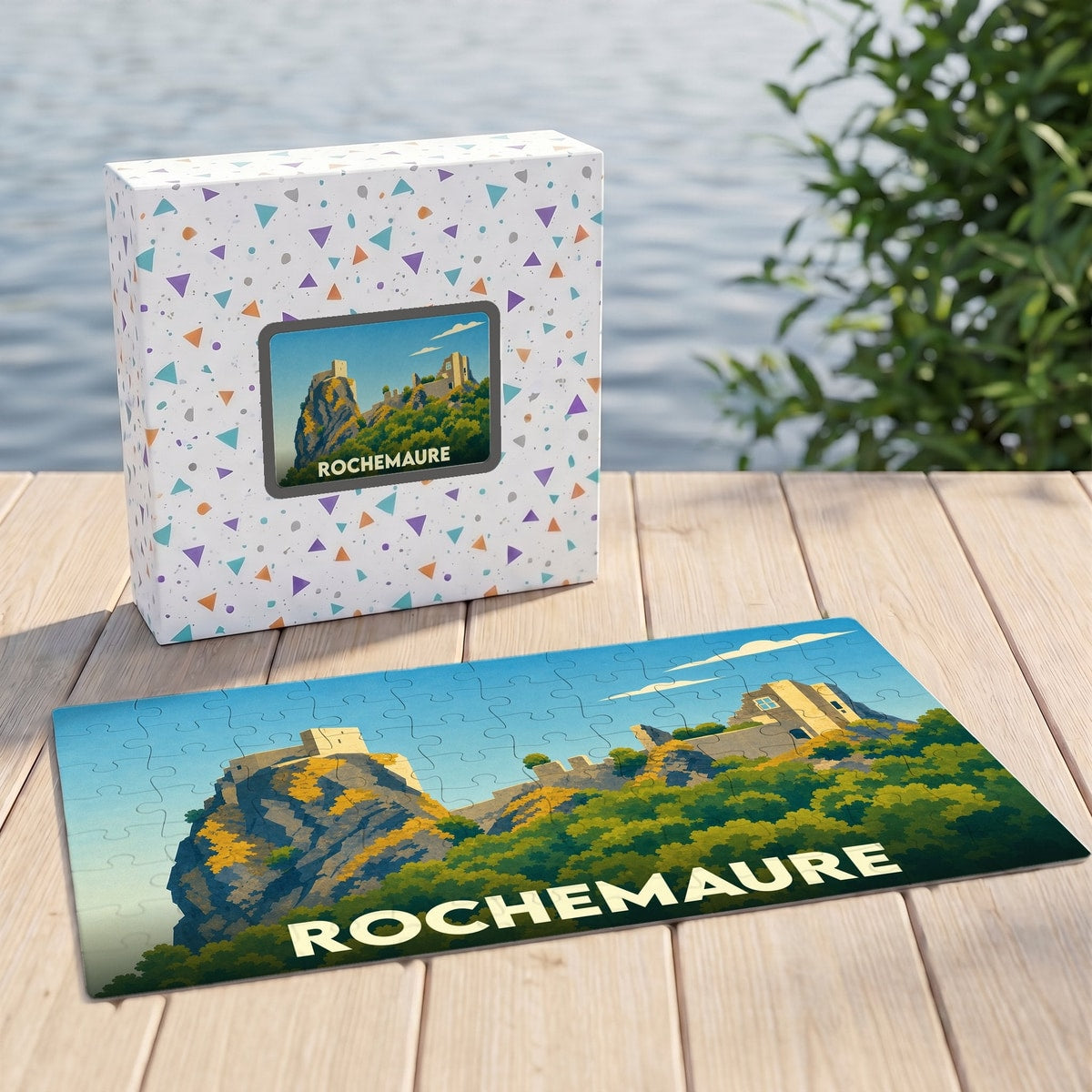 Puzzle souvenir de la ville de Rochemaure avec une illustration stylisée de son château.
