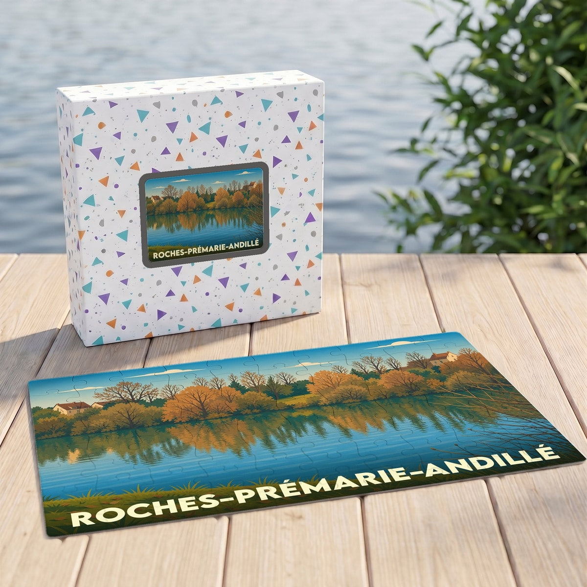 Puzzle souvenir de la ville de Roches-Prémarie-Andillé avec une illustration stylisée de son paysage.
