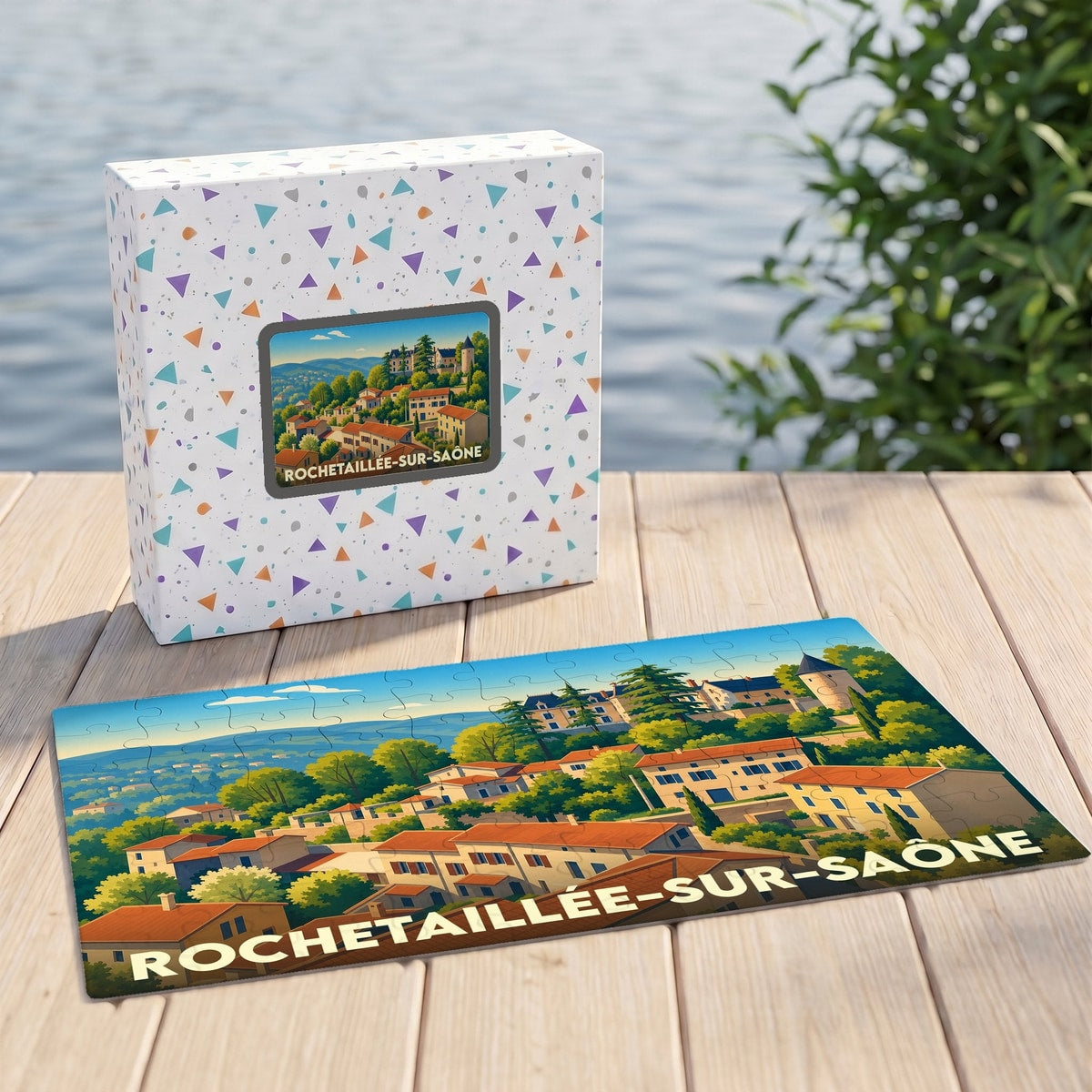 Puzzle souvenir de Rochetaillée-sur-Saône présentant une illustration stylisée du village et de son château.
