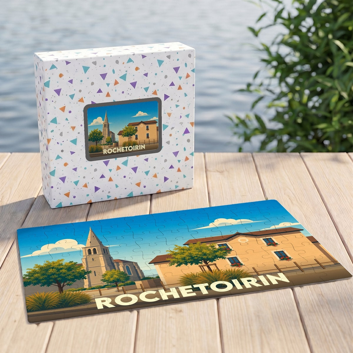 Puzzle souvenir de la ville de Rochetoirin avec une illustration stylisée et sa boîte assortie.
