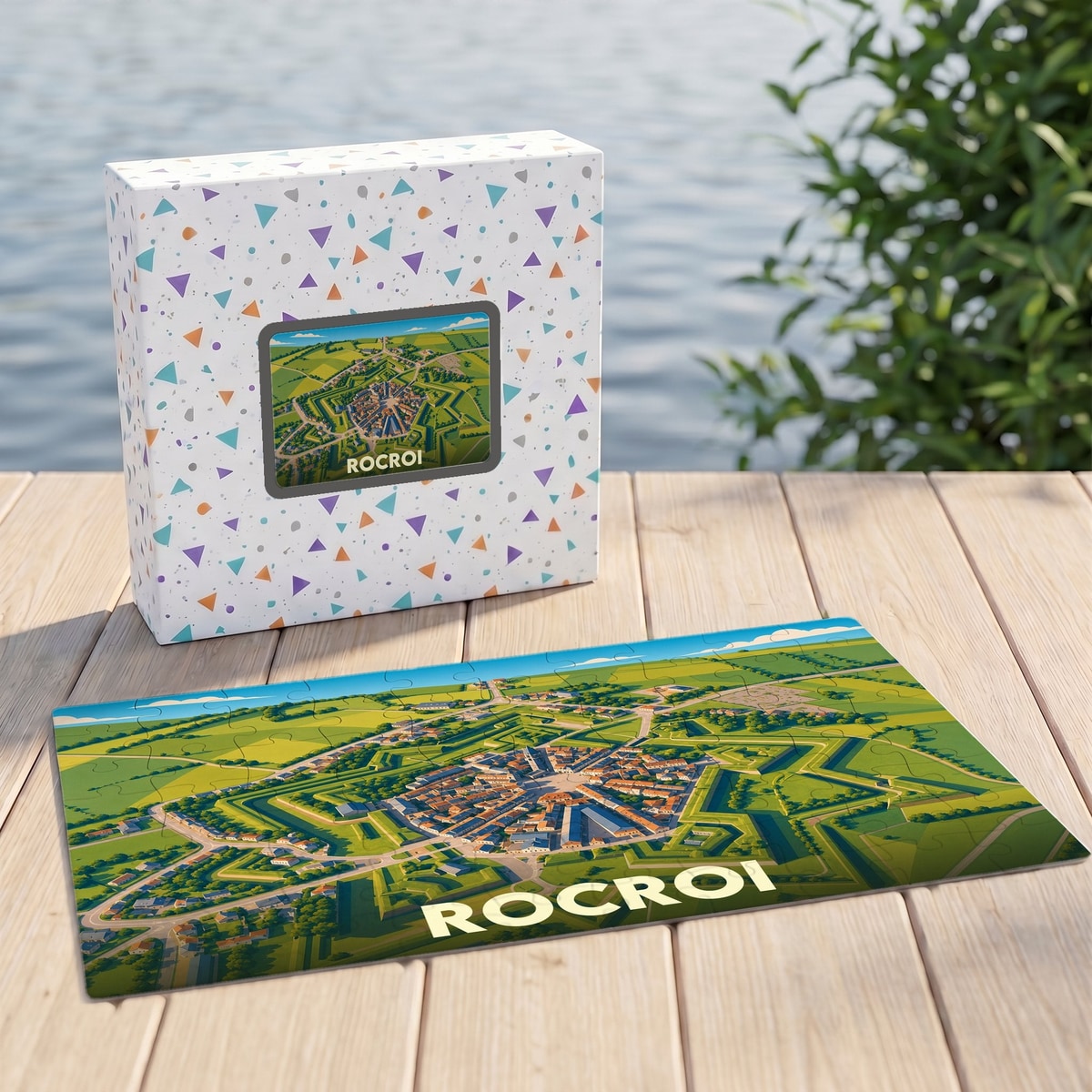 Puzzle souvenir de la ville de Rocroi avec une illustration stylisée de ses fortifications en étoile.