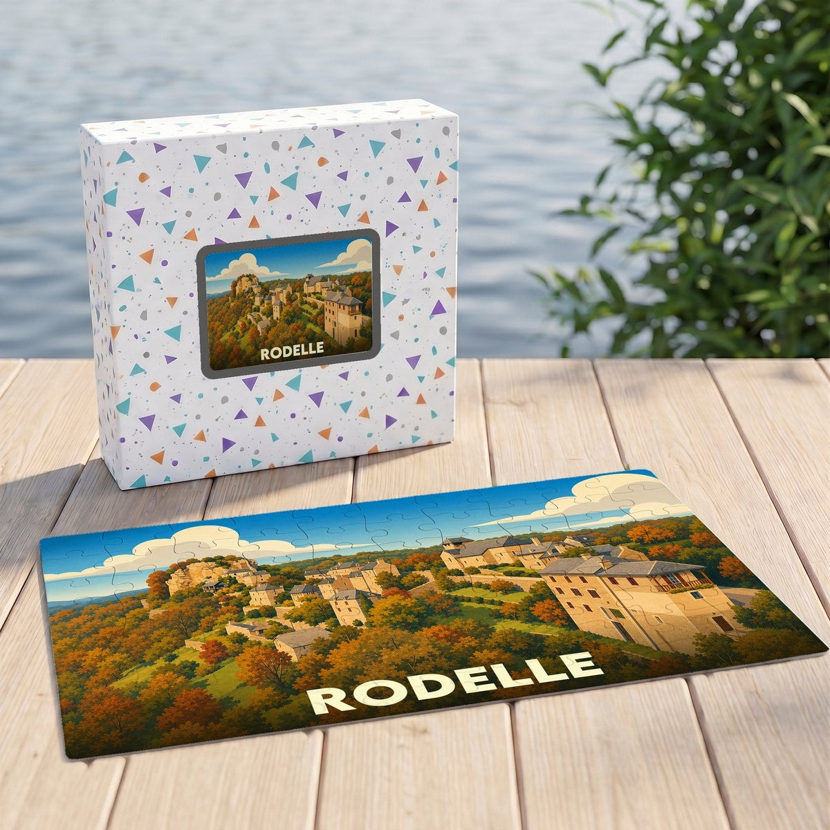 Puzzle souvenir de la ville de Rodelle avec une illustration de son paysage urbain et arboré.