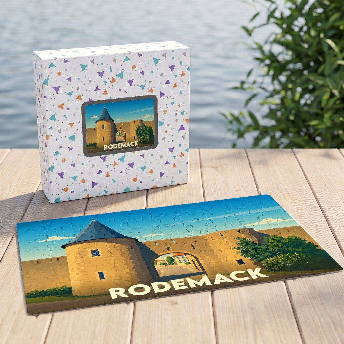 Puzzle souvenir de la ville de Rodemack avec son illustration stylisée de la porte fortifiée.