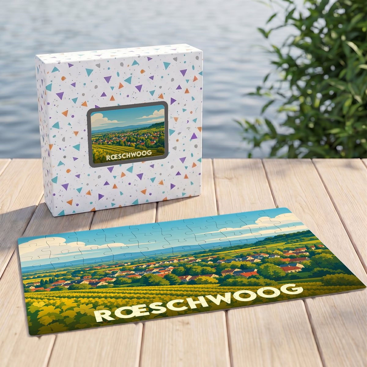 Puzzle souvenir de la ville de Rœschwoog illustrant un paysage de campagne ensoleillé.