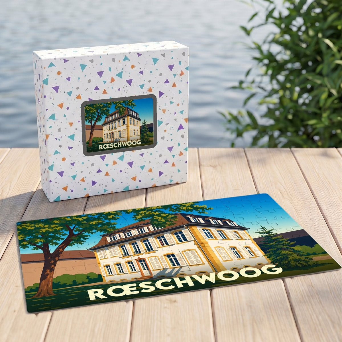 Puzzle souvenir de la ville de Rœschwoog avec une illustration stylisée d'un bâtiment historique.